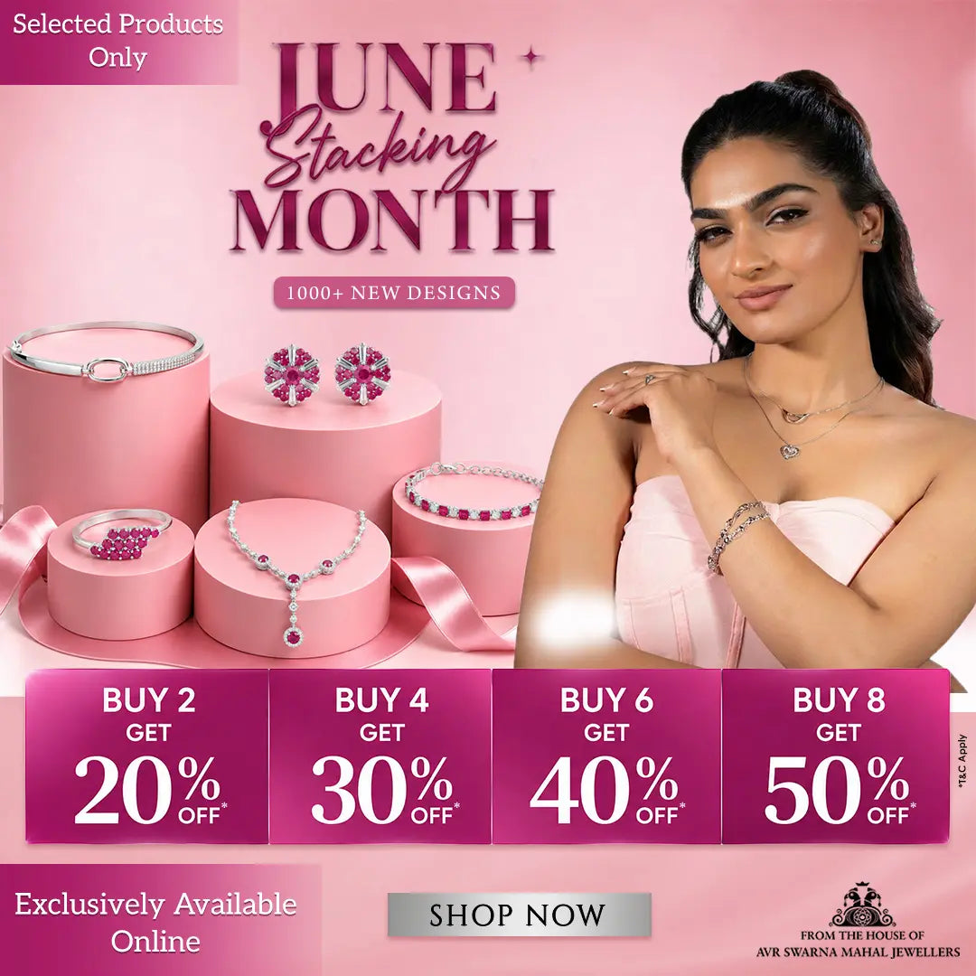 Promotional advertisement for jewelry with a woman wearing jewelry and text about 'June Stacking Month' offers.