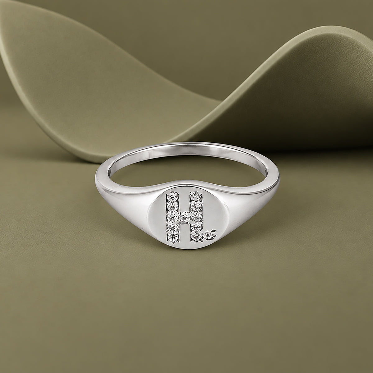 Letter H Silver Ring with Crystal Detailing