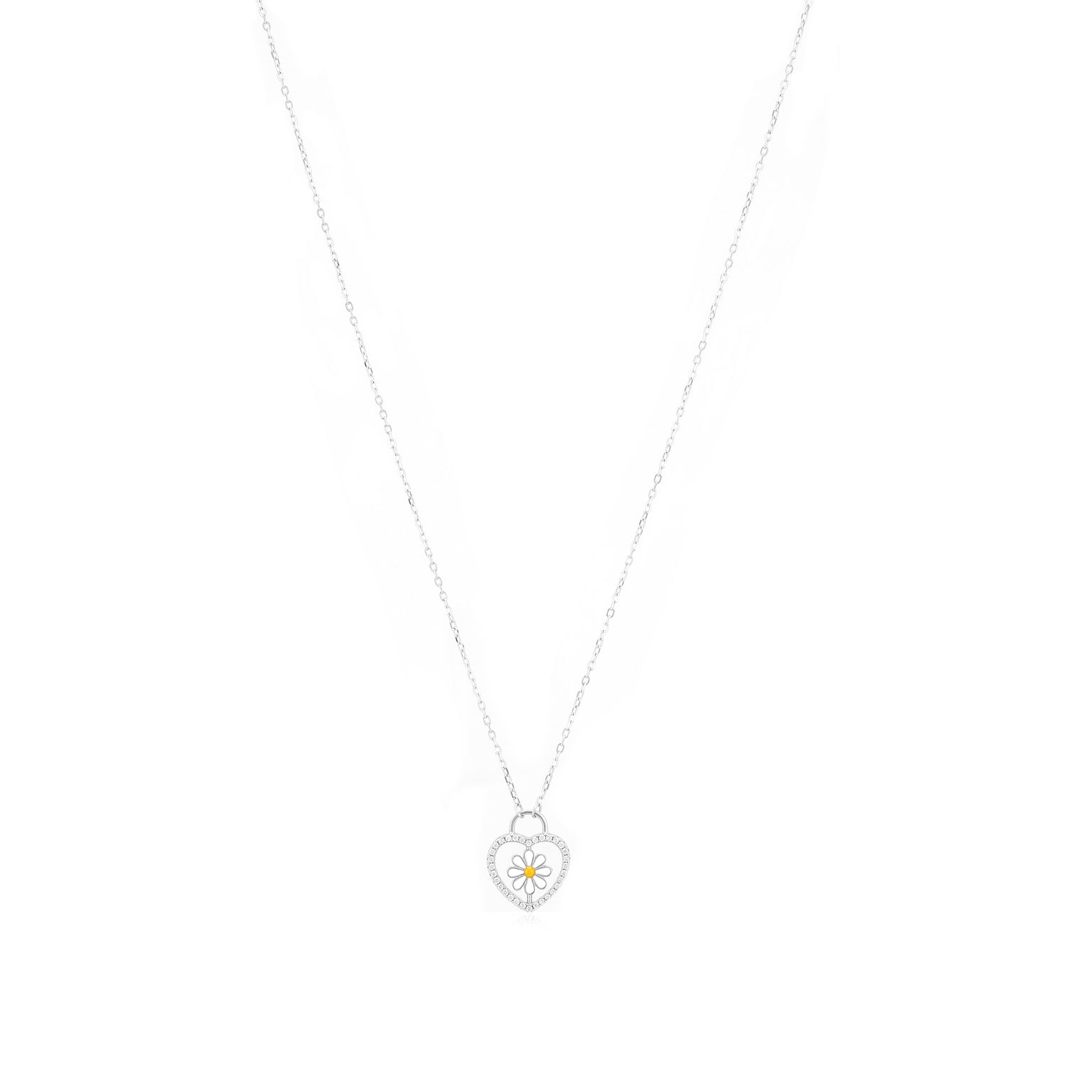 Love Heart Rhodium Plated Delicate Flower Chain Pendant