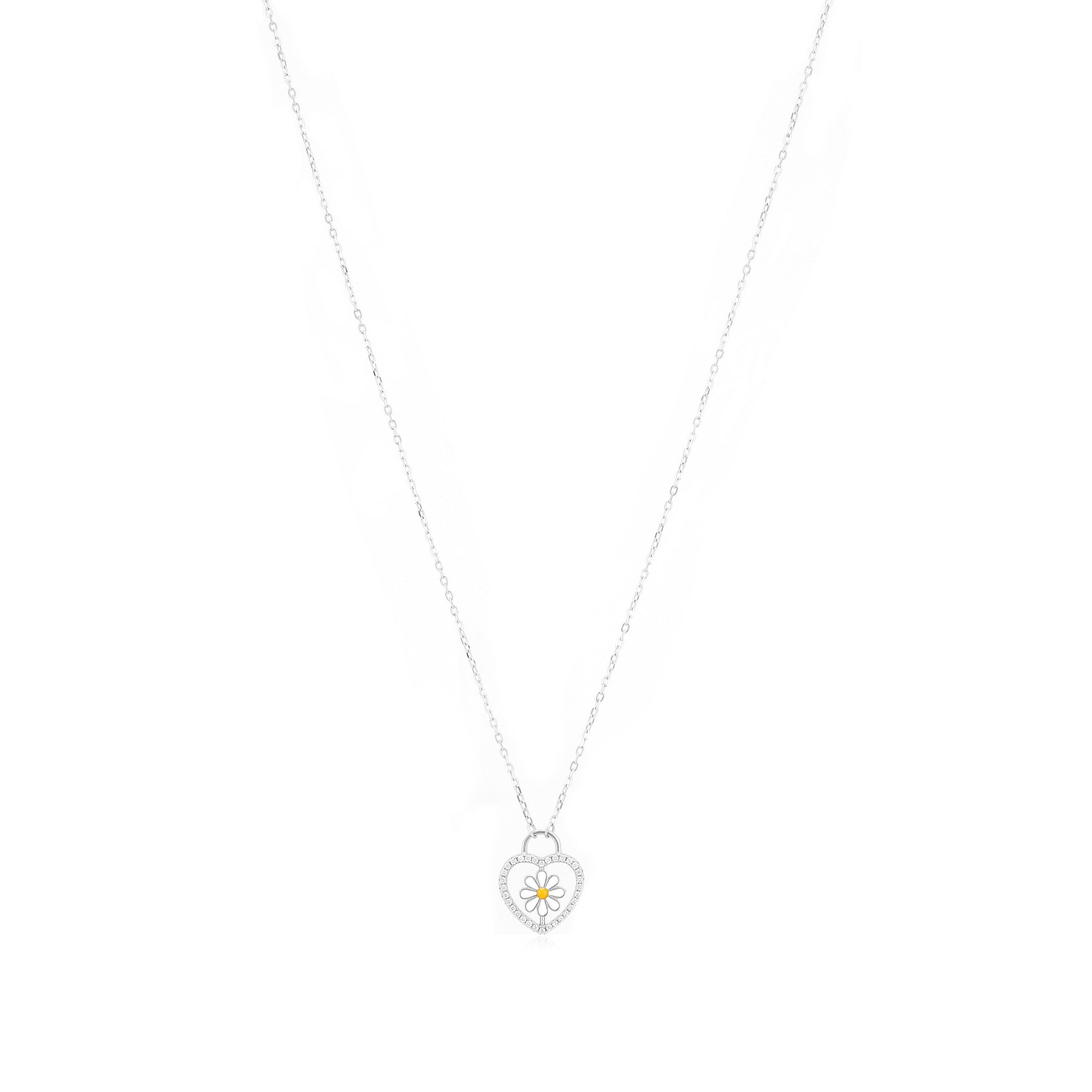 Love Heart Rhodium Plated Delicate Flower Chain Pendant