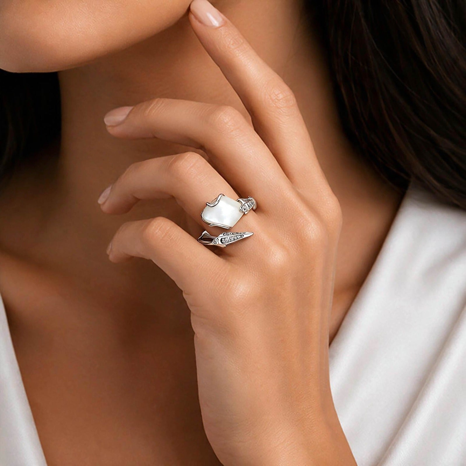 Luminous Pearl 925 Sterling Silver Sculpted Open Ring