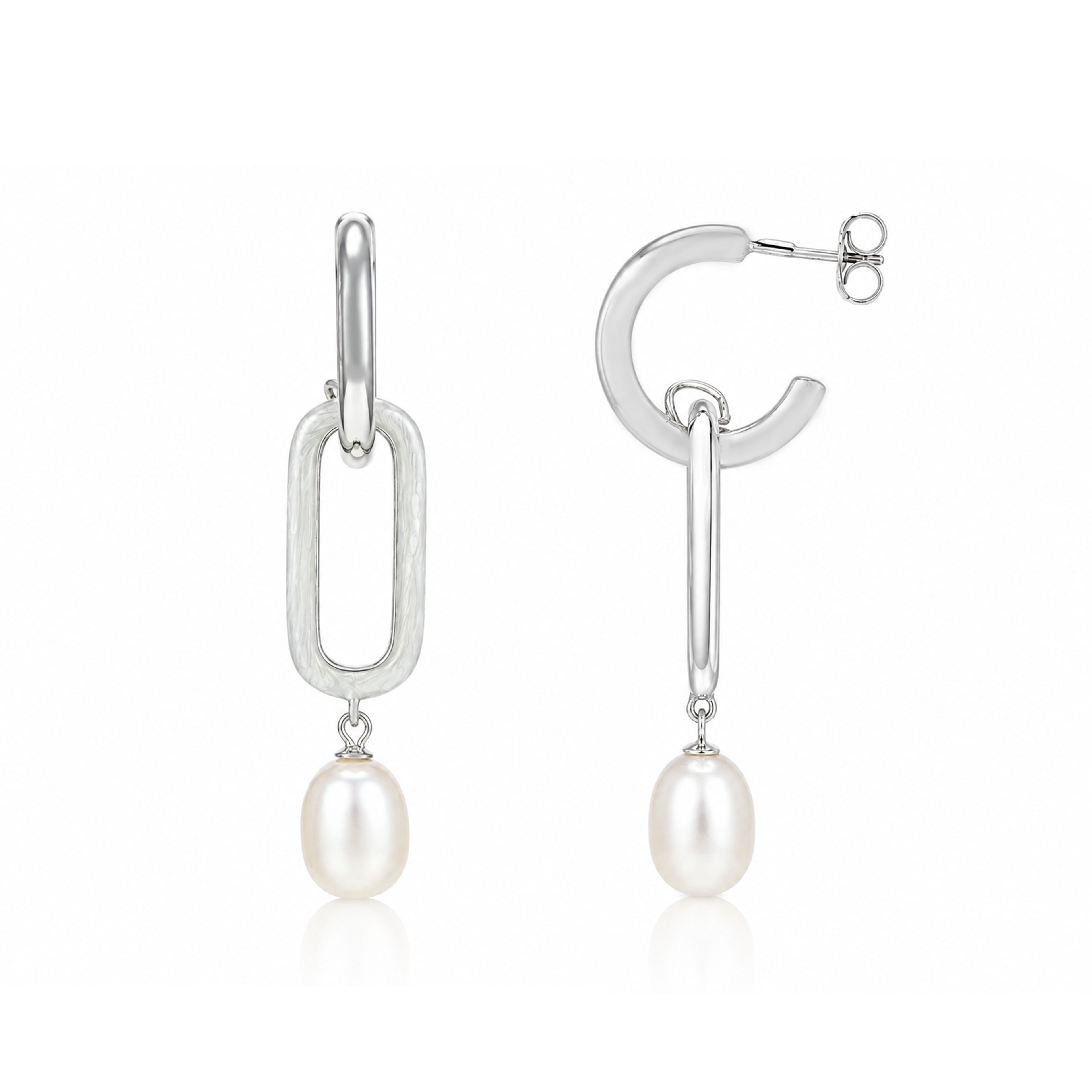 Luminous Pearl Link Silver Drop Earrings