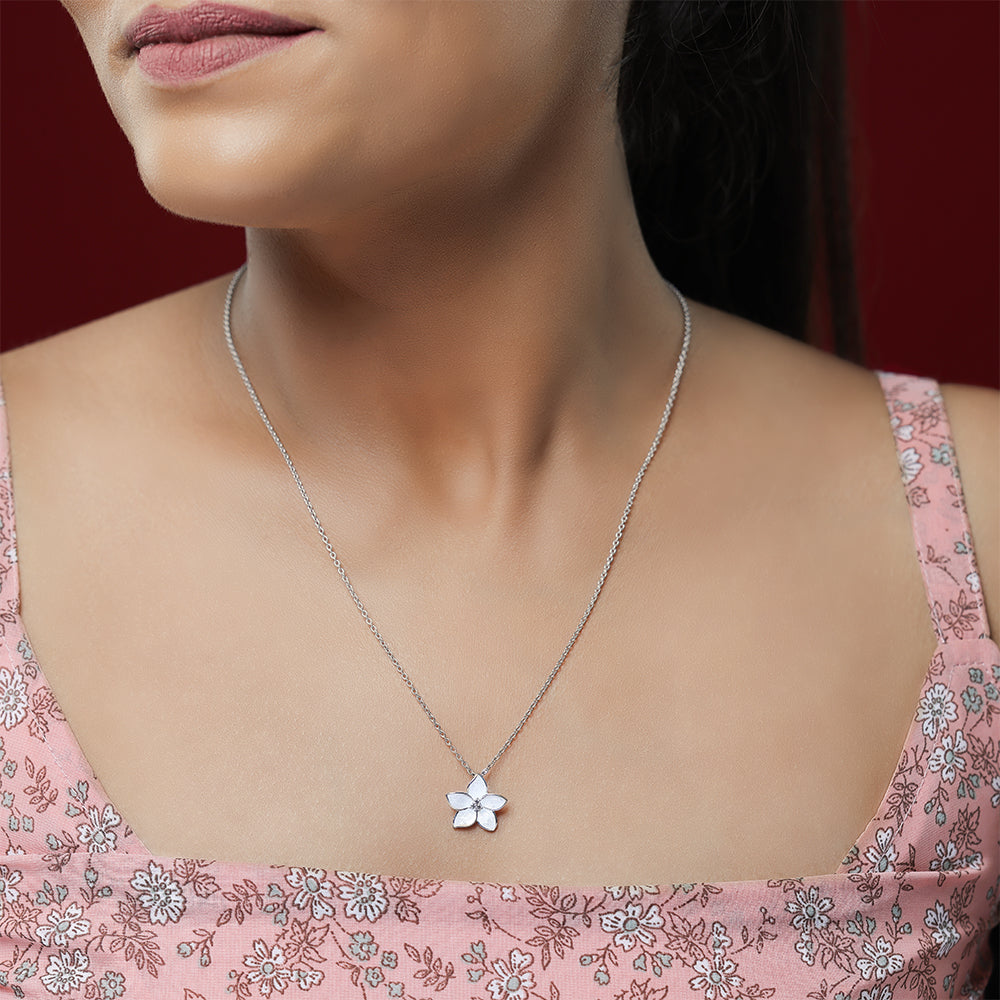 Luminous Rhodium Plated 925 Ivory Flower Chain Pendants