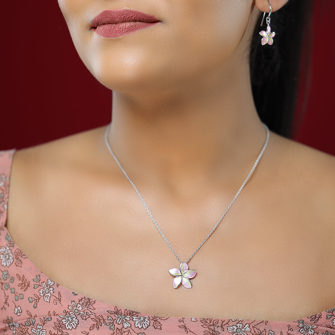 Lush Pink Plumeria Rhodium Plated 925 Flower Chain Pendants