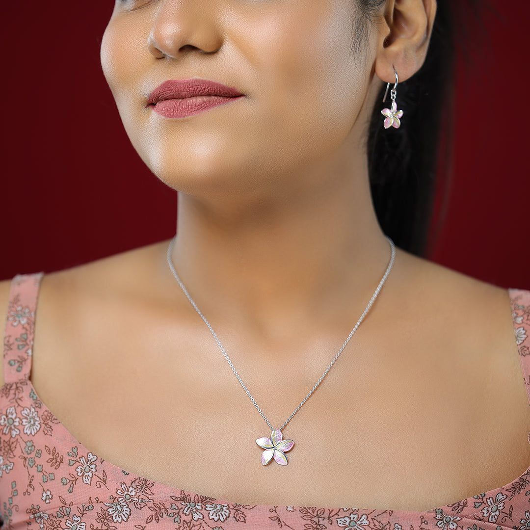 Lush Pink Plumeria Rhodium Plated 925 Flower Chain Pendants Modal