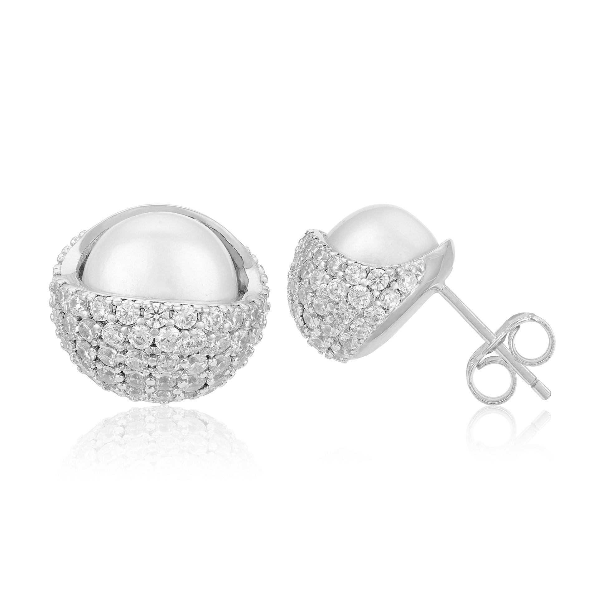 Silver earrings with a textured design on a white background