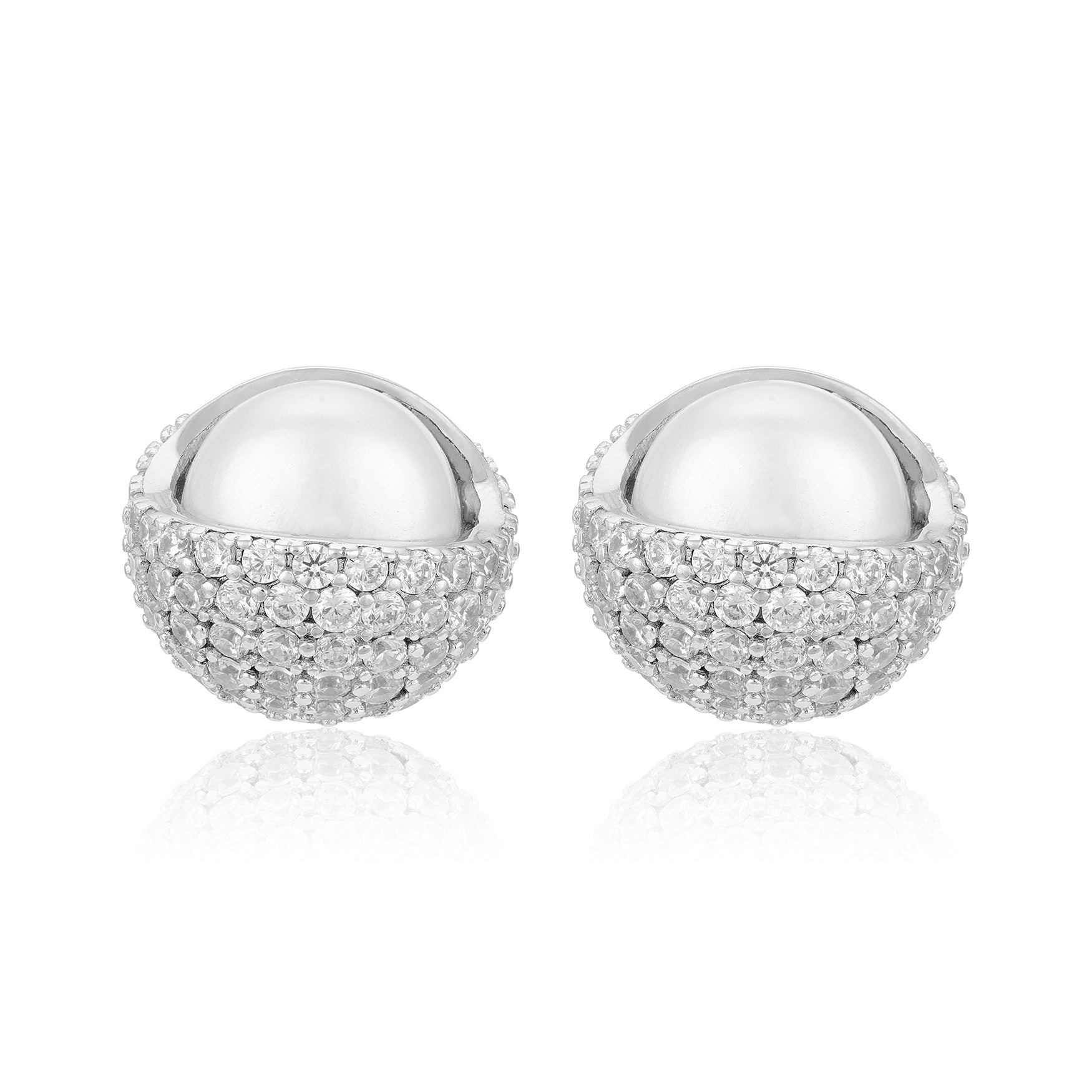 Pair of silver earrings with diamond-like stones on a white background