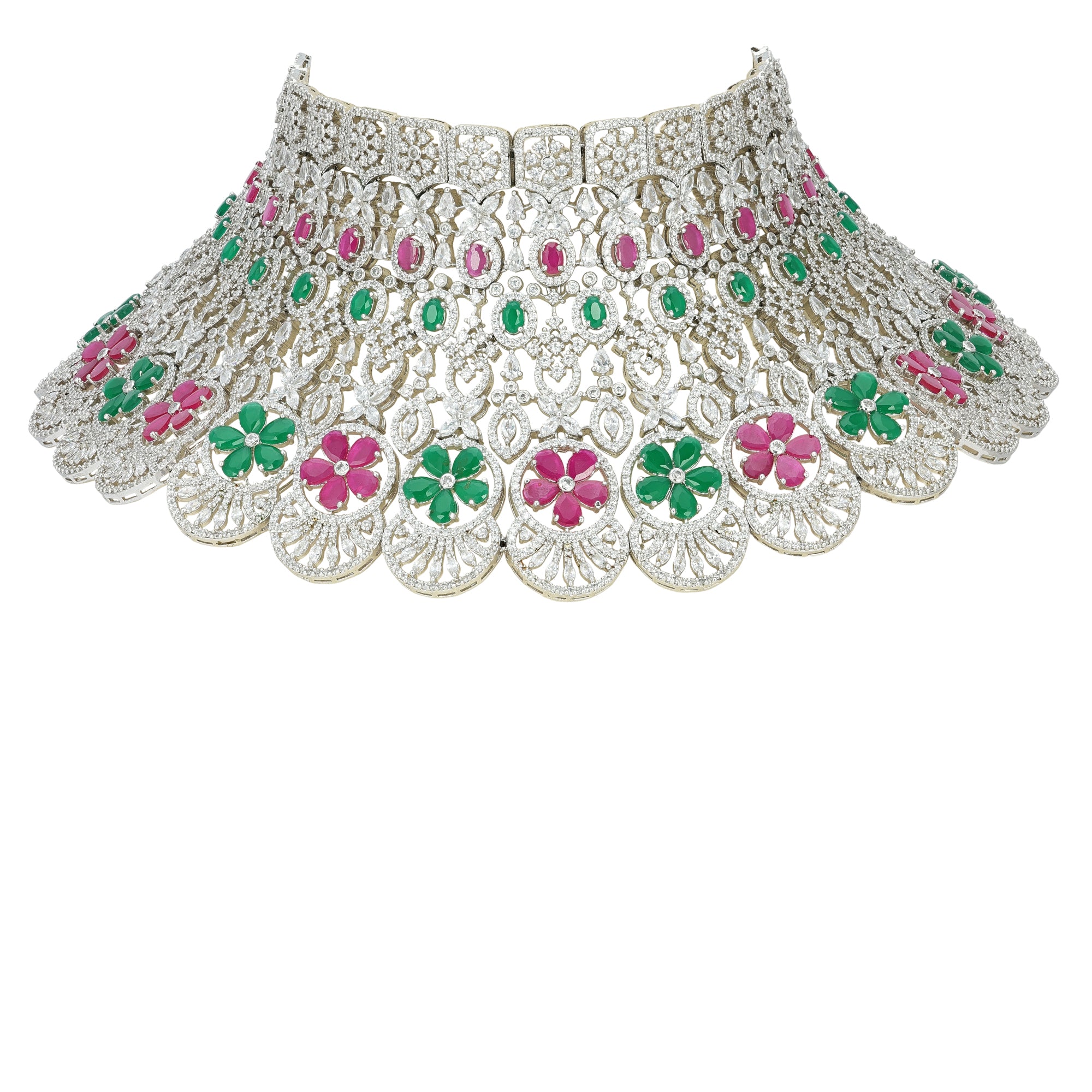 925 Sterling Silver Bridal Choker with Ruby Centres, Polki Detailing and Emerald Fringe for Women