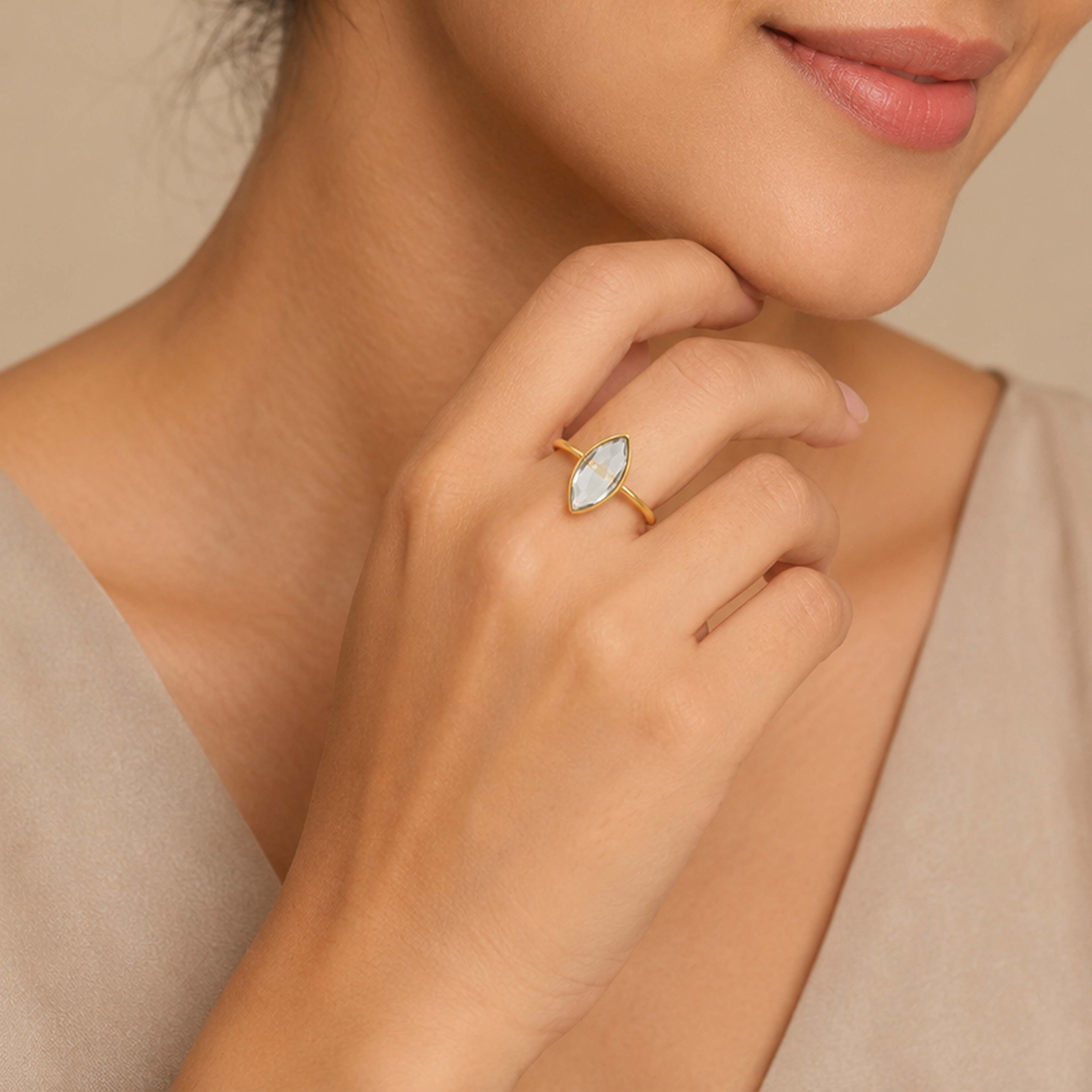 Majestic Clear Crystal Golden Minimal Contemporary Designer Ring