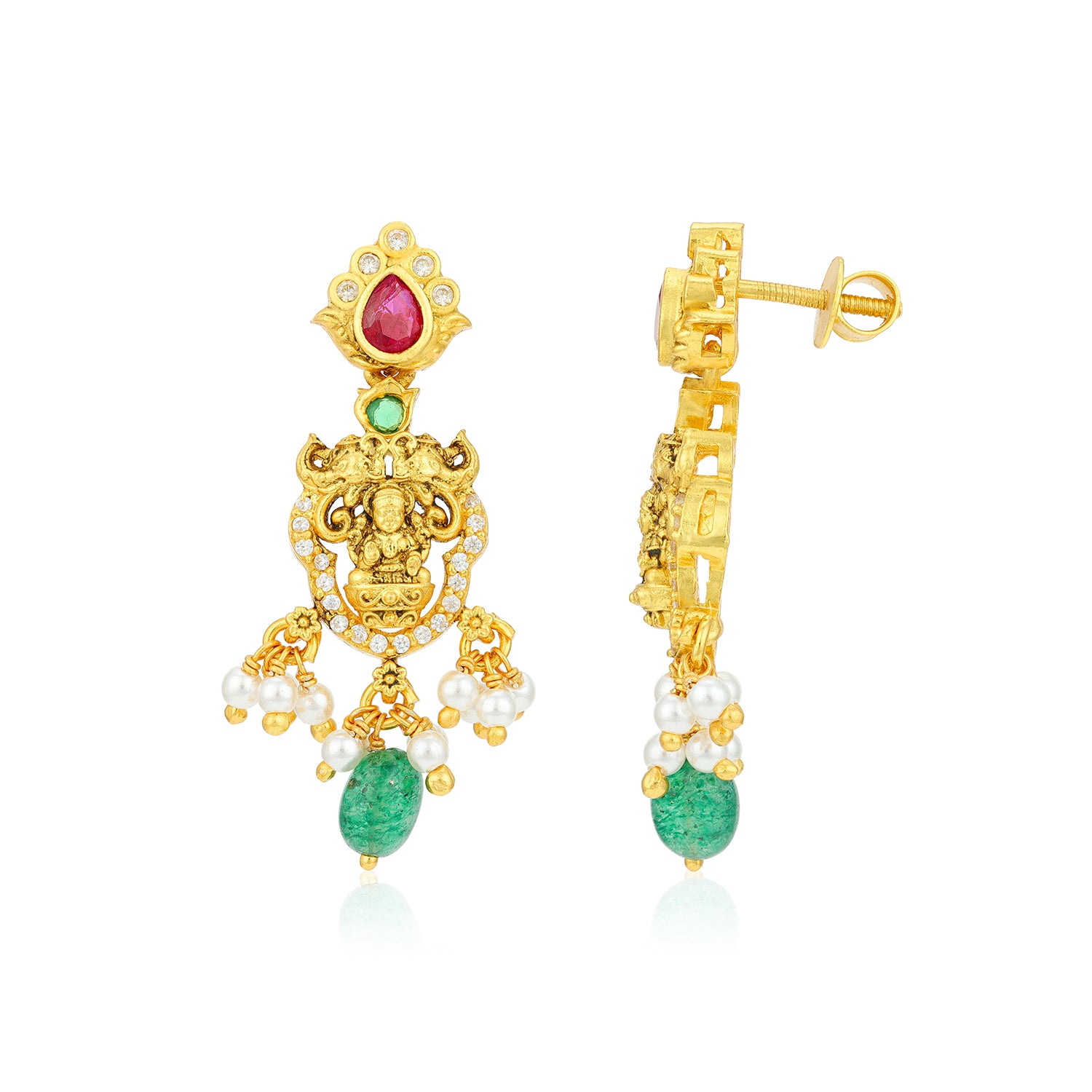 Gold earrings with gemstones and pearls on a white background