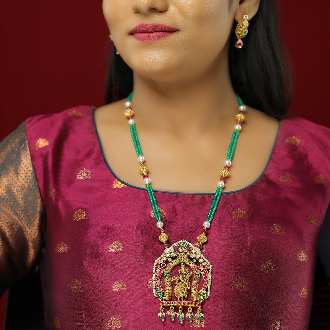 Majestic Krishna Thiruvatchi Pendant 925 Gold Plated Pearls Haram