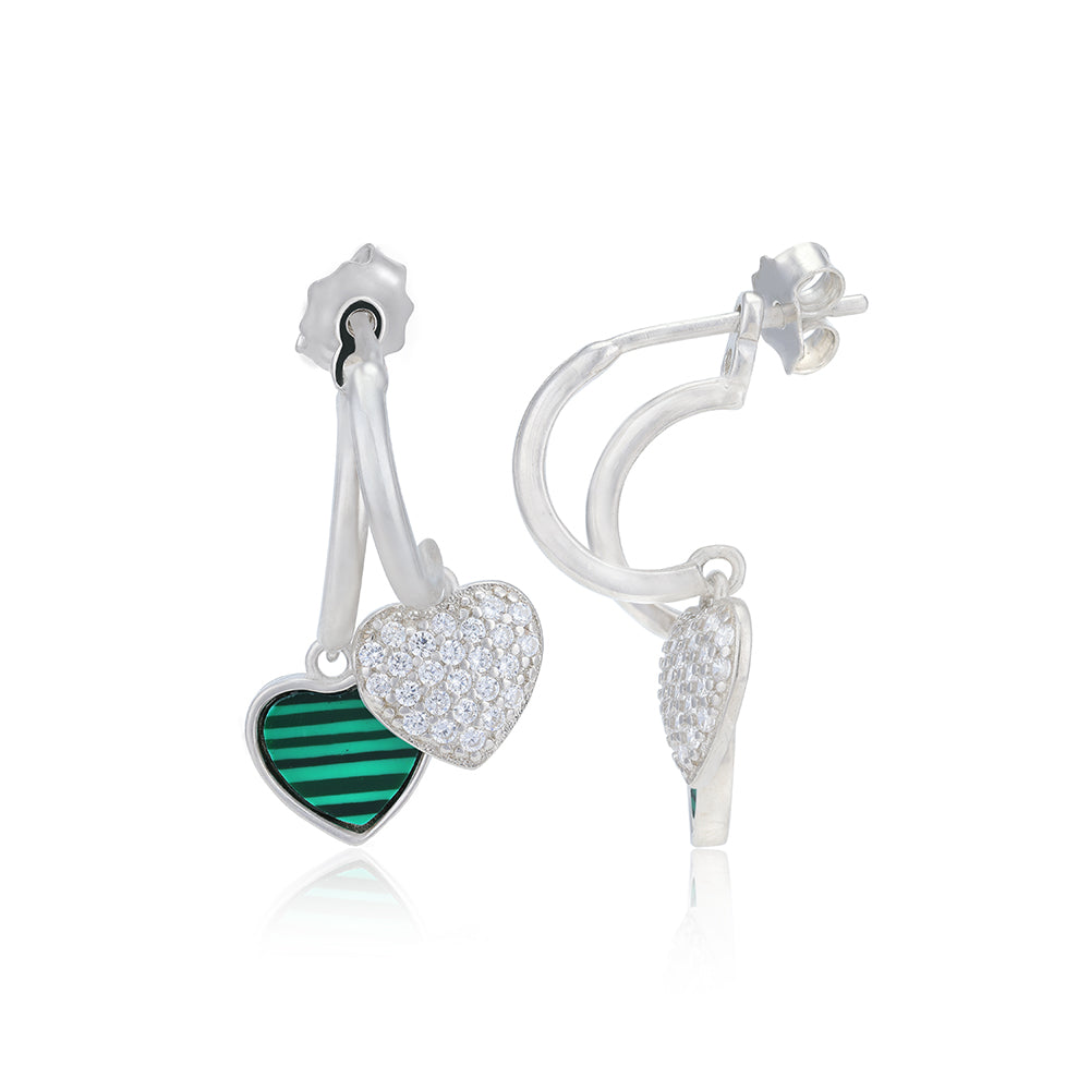 Malachite White Stone Hearts Drop 925 Rhodium Plated Studs