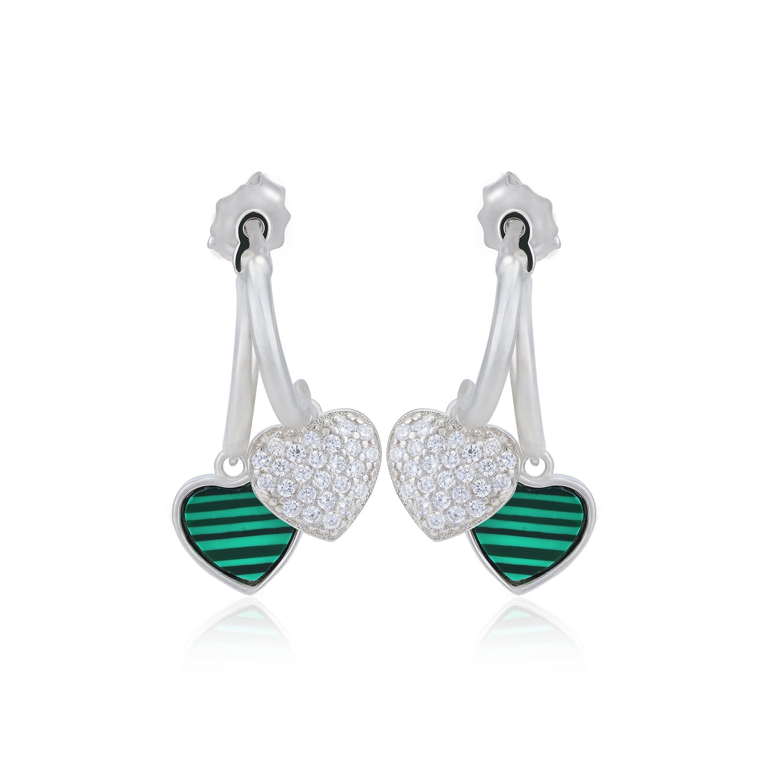 Malachite White Stone Hearts Drop 925 Rhodium Plated Studs