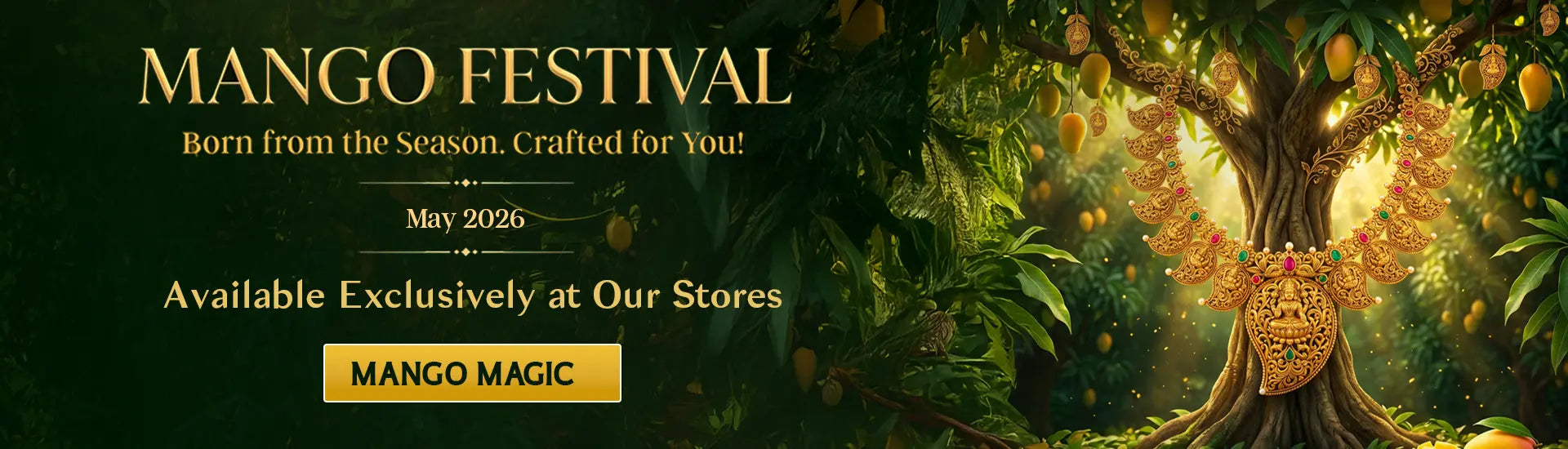 Promotional banner for Mango Festival with a tree and fruit, featuring the Mango Magic product.