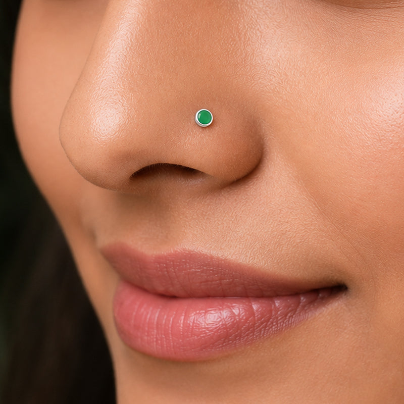 Meadow Jade Bezel Green Gemstone Silver Nose Pin