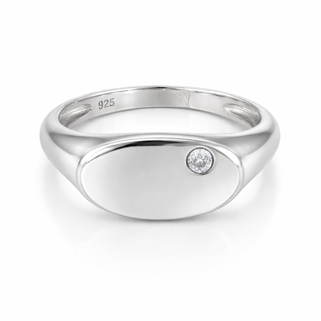 Minimal Oval Sparkle Engraving 925 Sterling Silver Single Stone Ring for women
