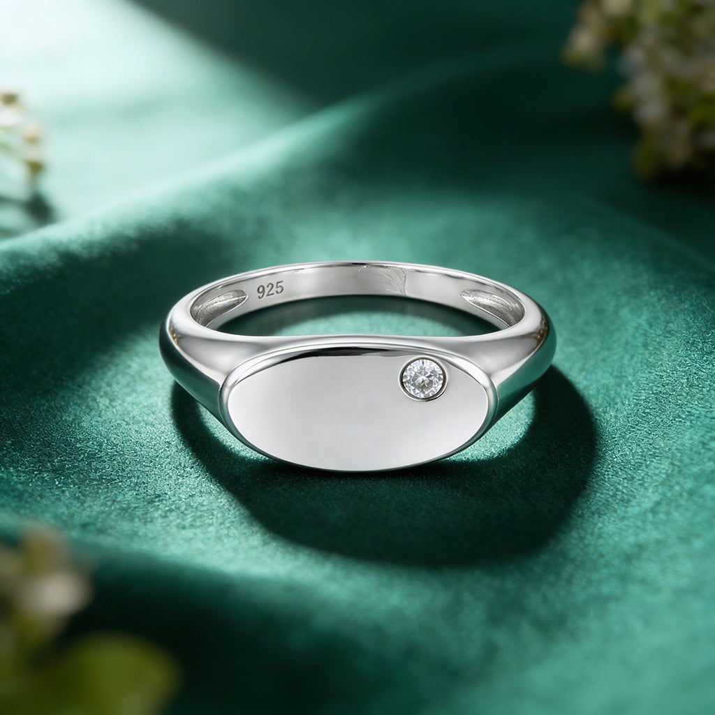 Minimal Oval Sparkle Engraving 925 Sterling Silver Single Stone Ring for women