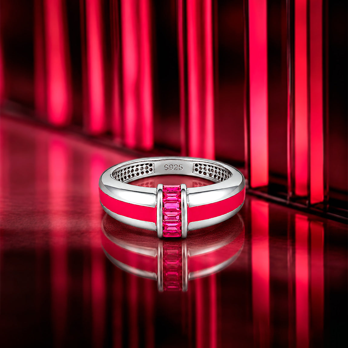 Minimal Red Channel Pink Accent Band Radiance 925 Sterling Silver Earring for women