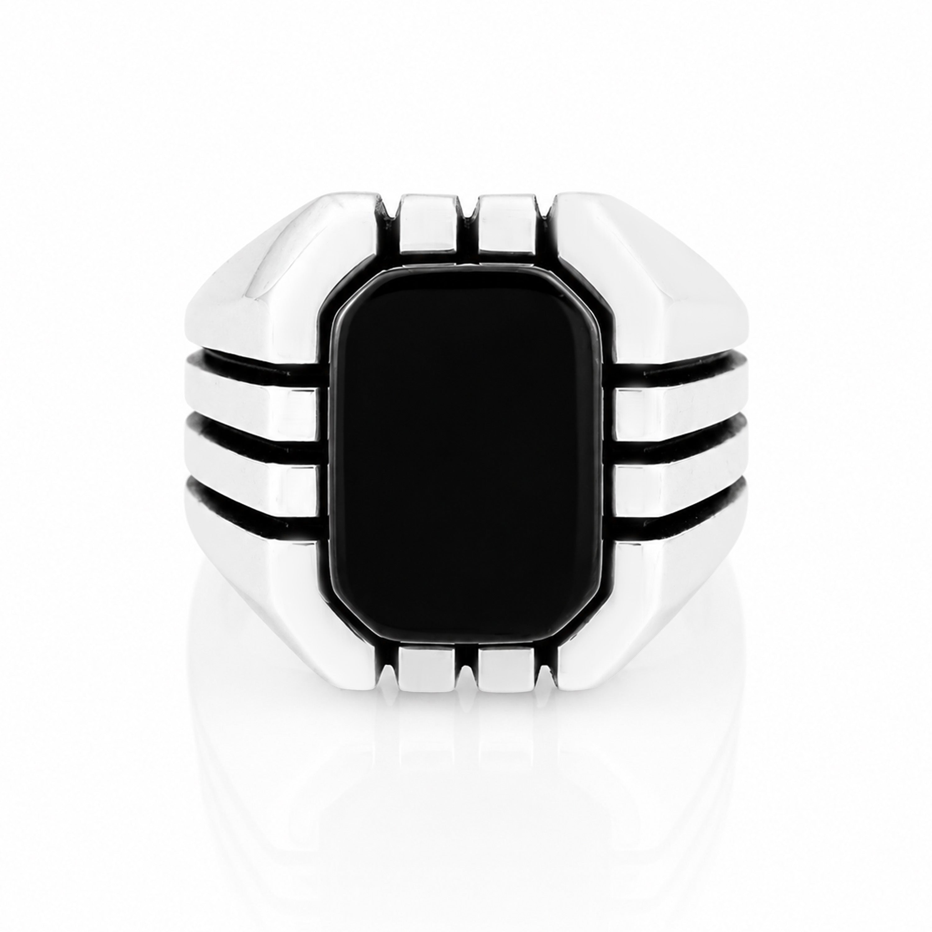 Modern Contour Ribbed Black 925 Sterling Silver Mens Ring