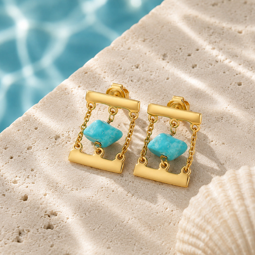 Modern Turquoise Cage Stone 925 Sterling Silver Earrings