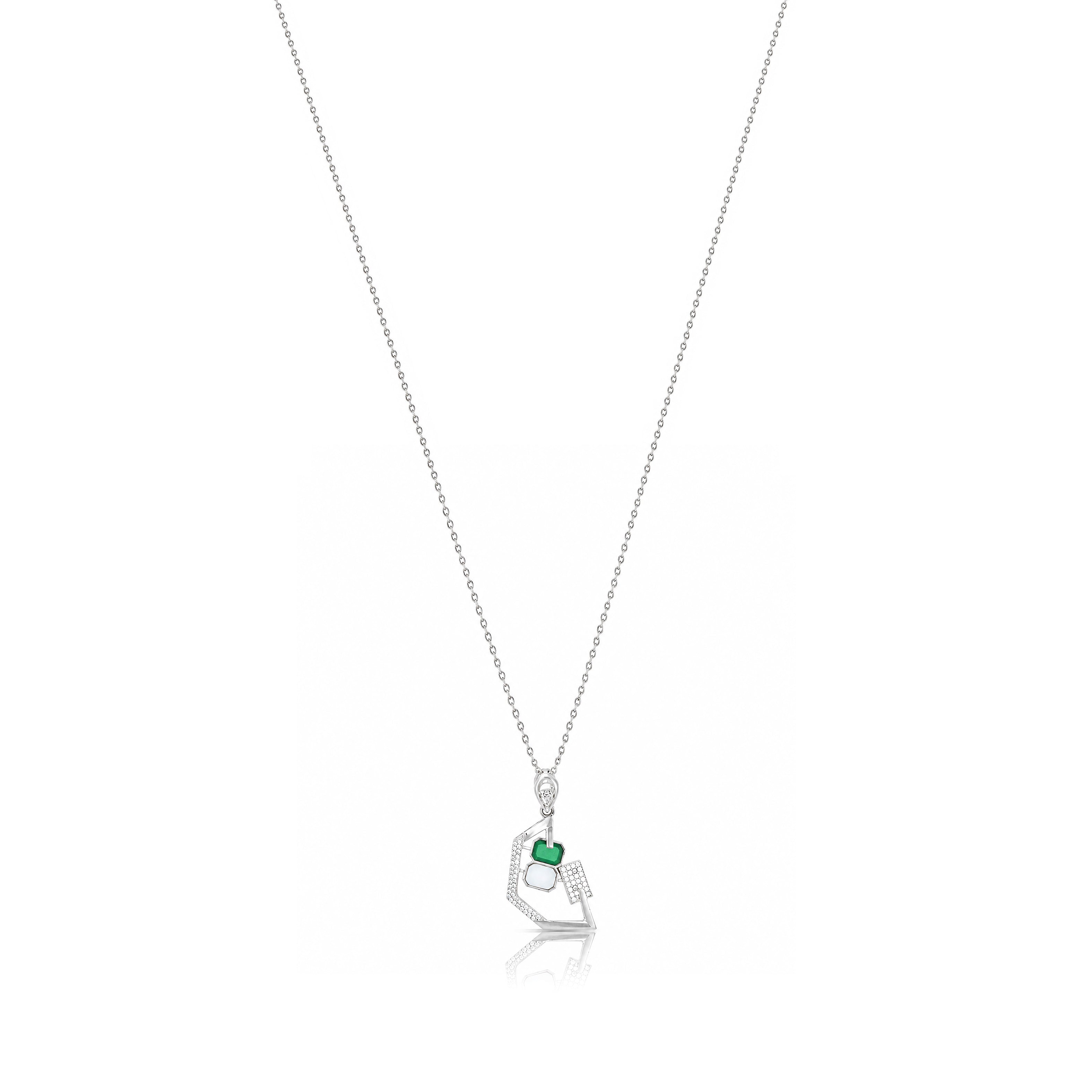 Modernist Green Emerald & Crystal Silver Pendant