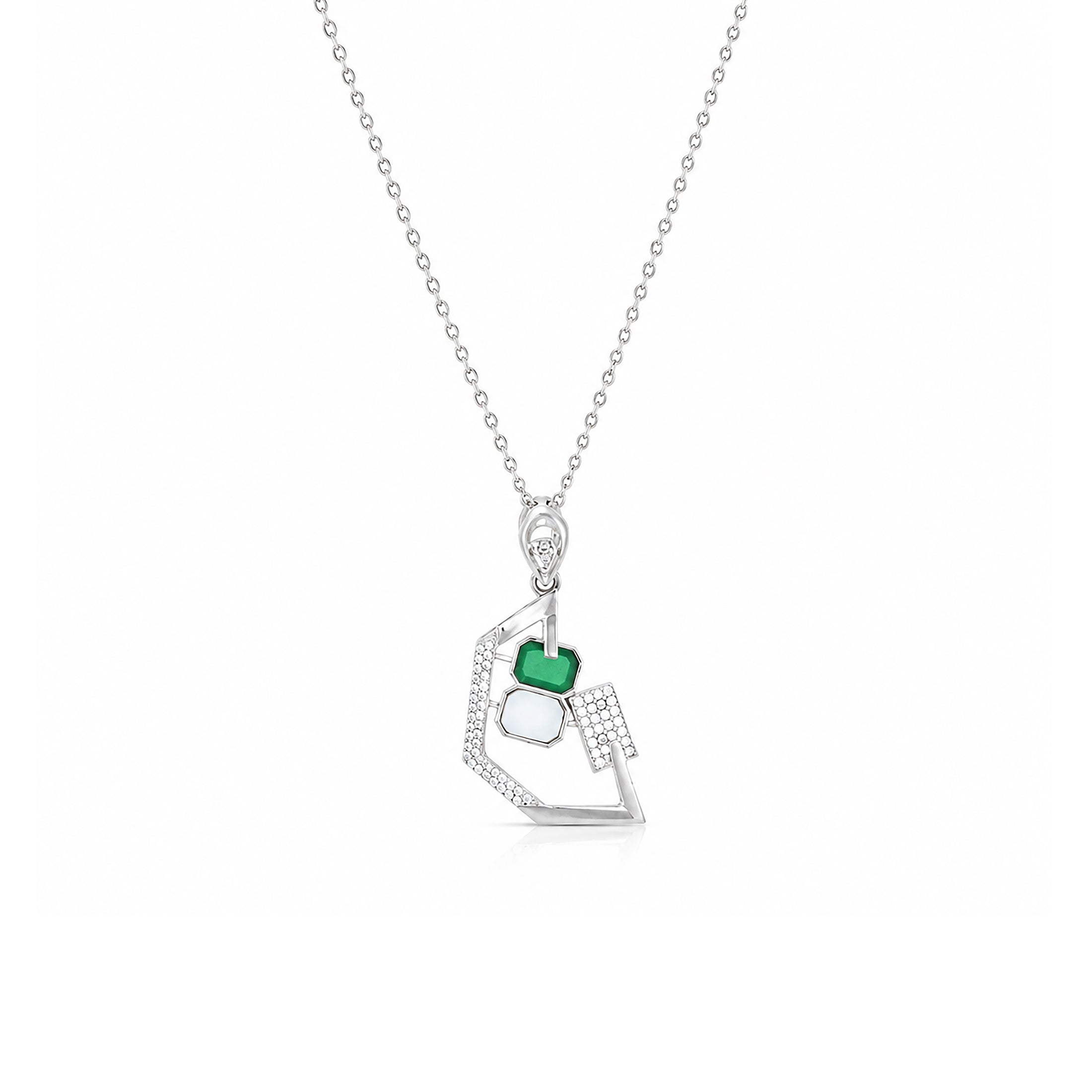 Modernist Green Emerald & Crystal Silver Pendant