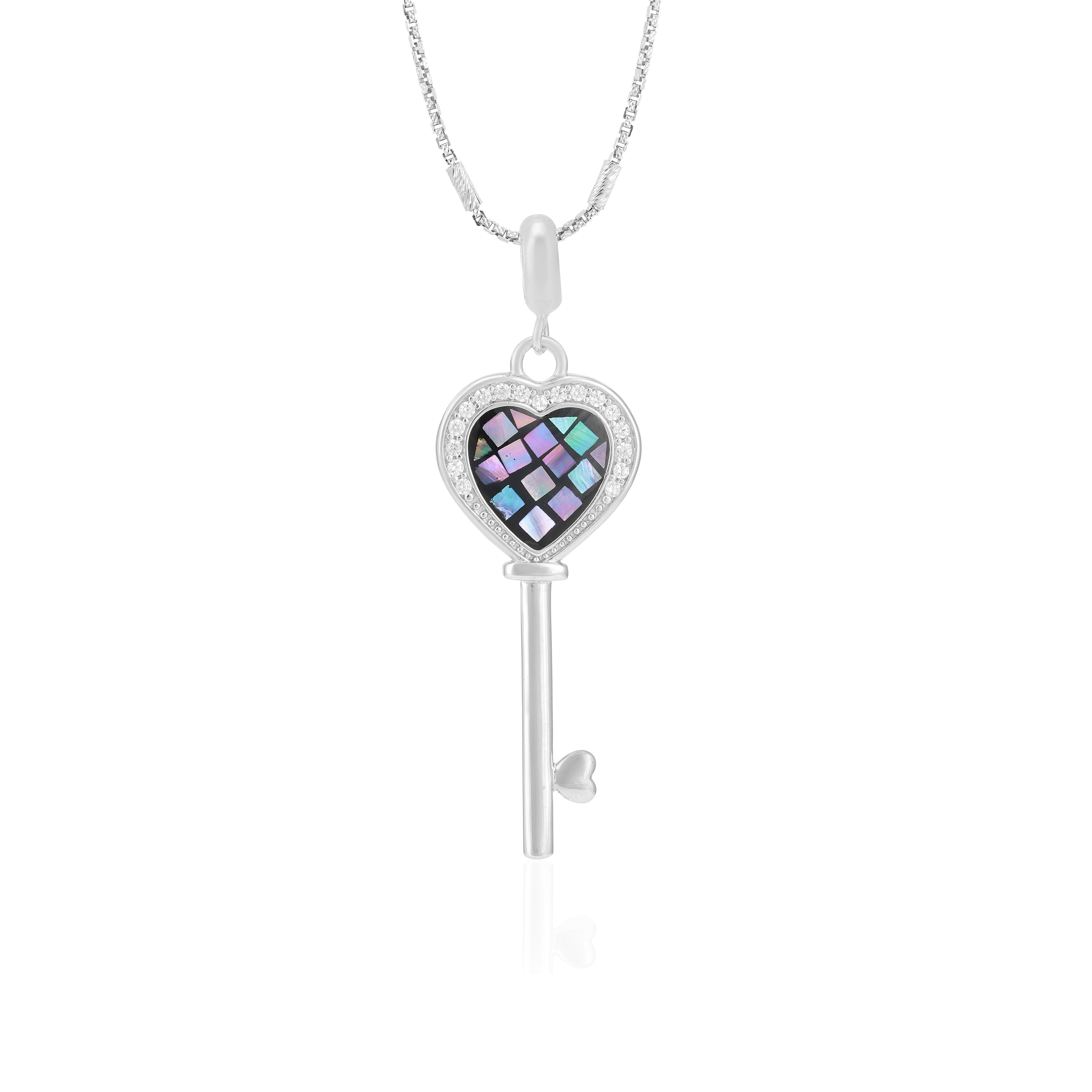 Mosaic Heart Key Rhodium Plated Pendants