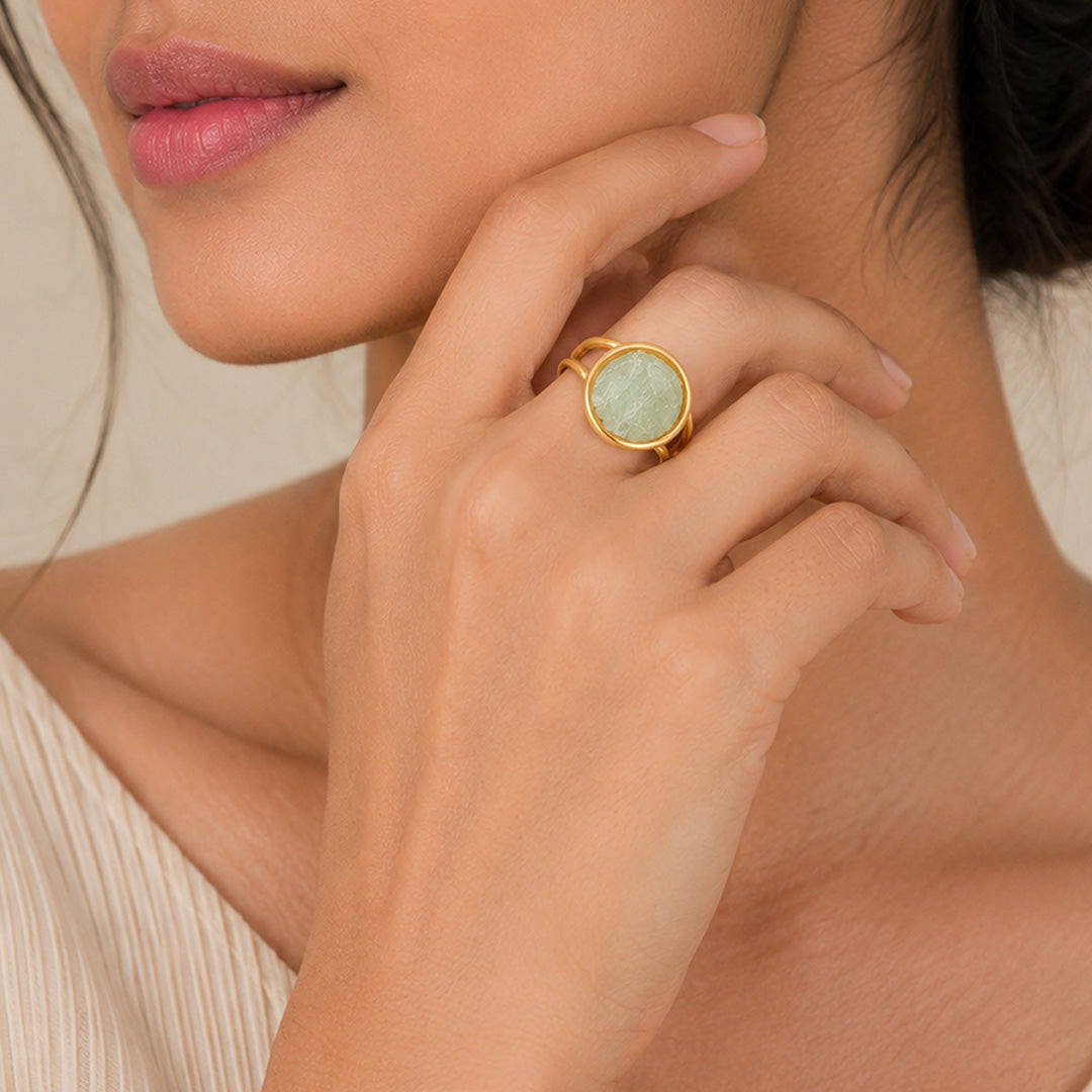 Mystic Green Stone Golden Circular Sculptural Designer Ring