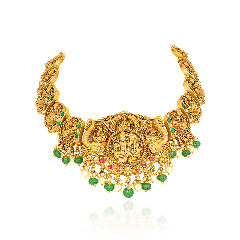 Nakshi Sivan Parvathi Green Bead 925 Sterling Silver Haram for women