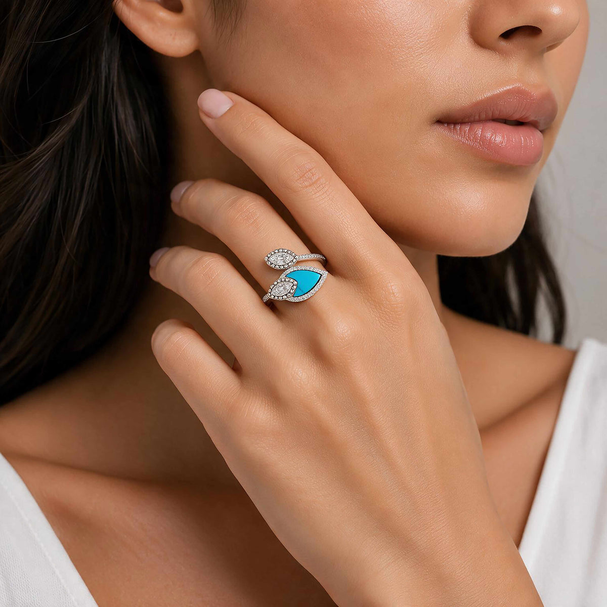 Ocean-Inspired Marquise Blue Enamel Silver Ring