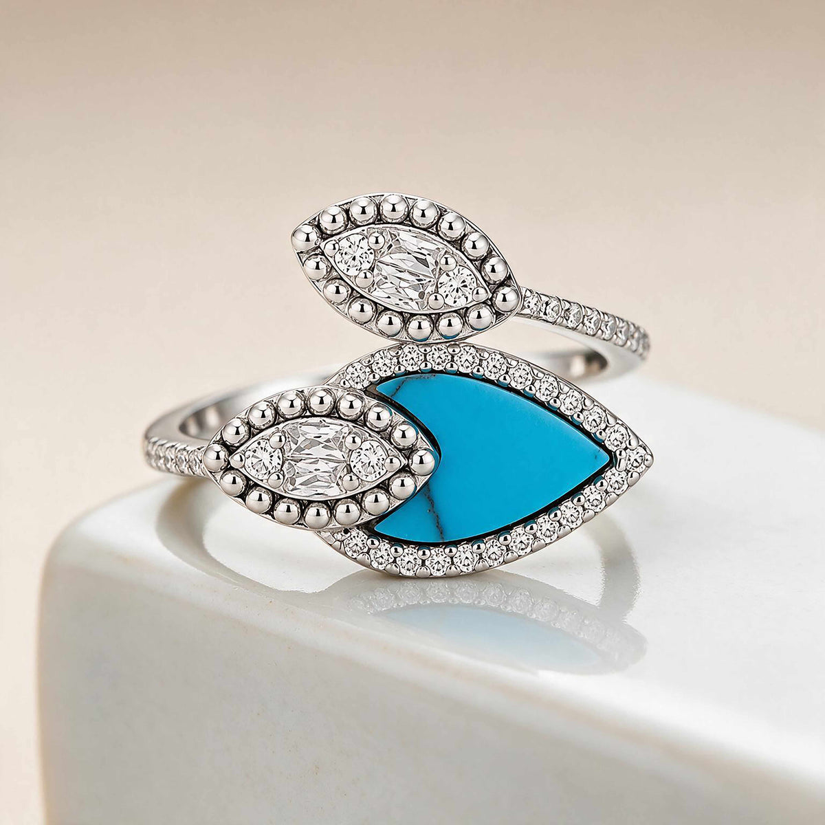 Ocean-Inspired Marquise Blue Enamel Silver Ring