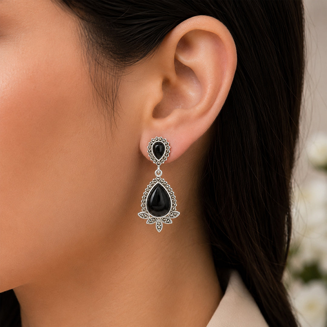 Onyx Royale 925 Sterling Silver Floral Statement Earrings