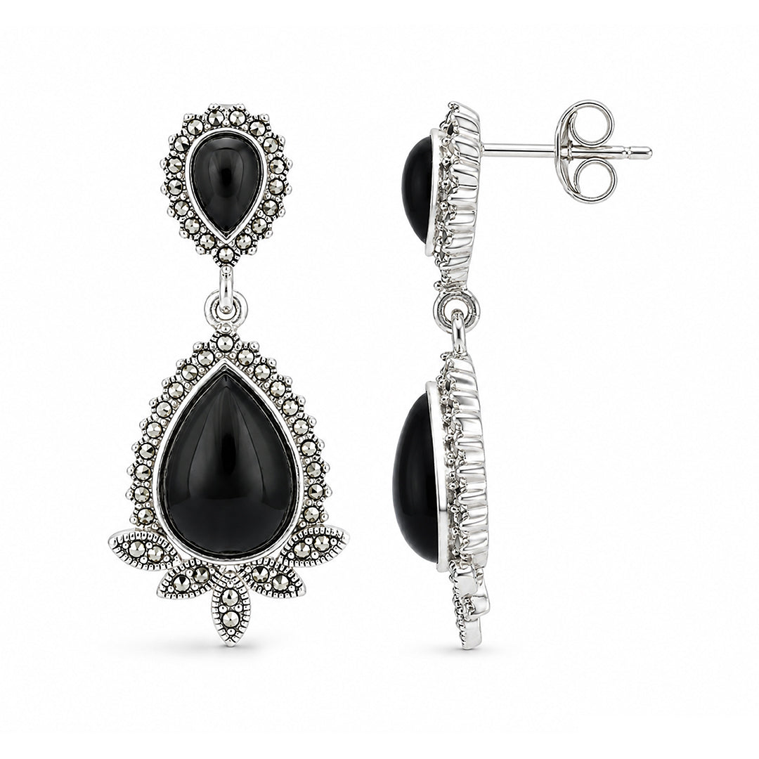 Onyx Royale 925 Sterling Silver Floral Statement Earrings