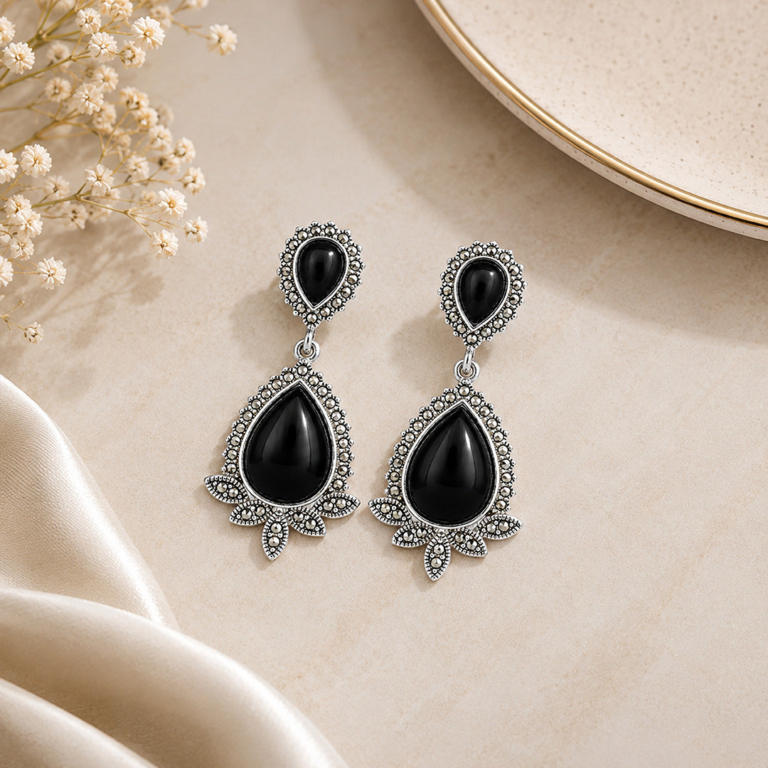 Onyx Royale 925 Sterling Silver Floral Statement Earrings