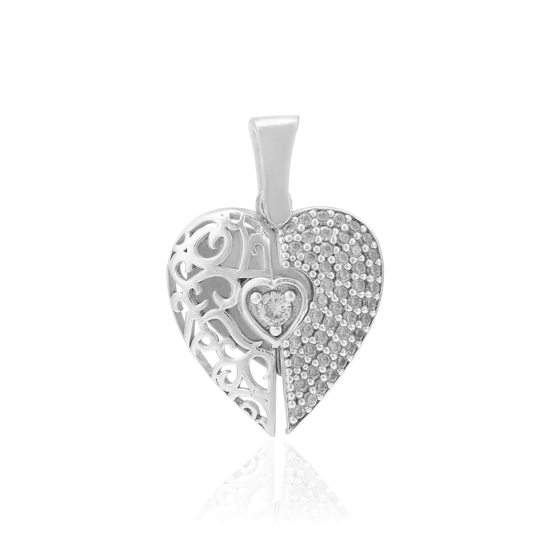 Ornate Filigree Sparkle Heart Locket 925 Sterling Silver Pendant for women