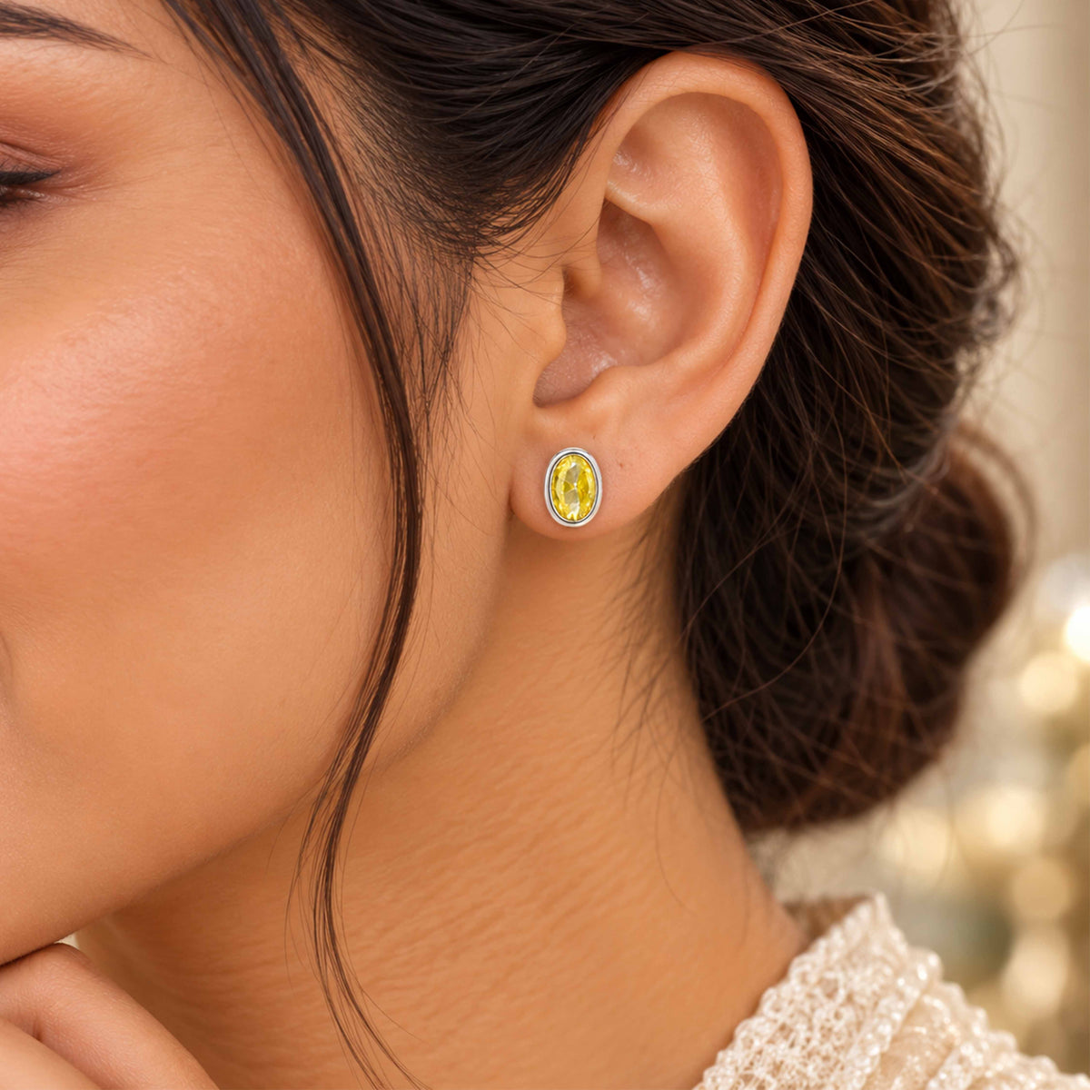 Oval Yellow Crystal Sterling Silver Studs