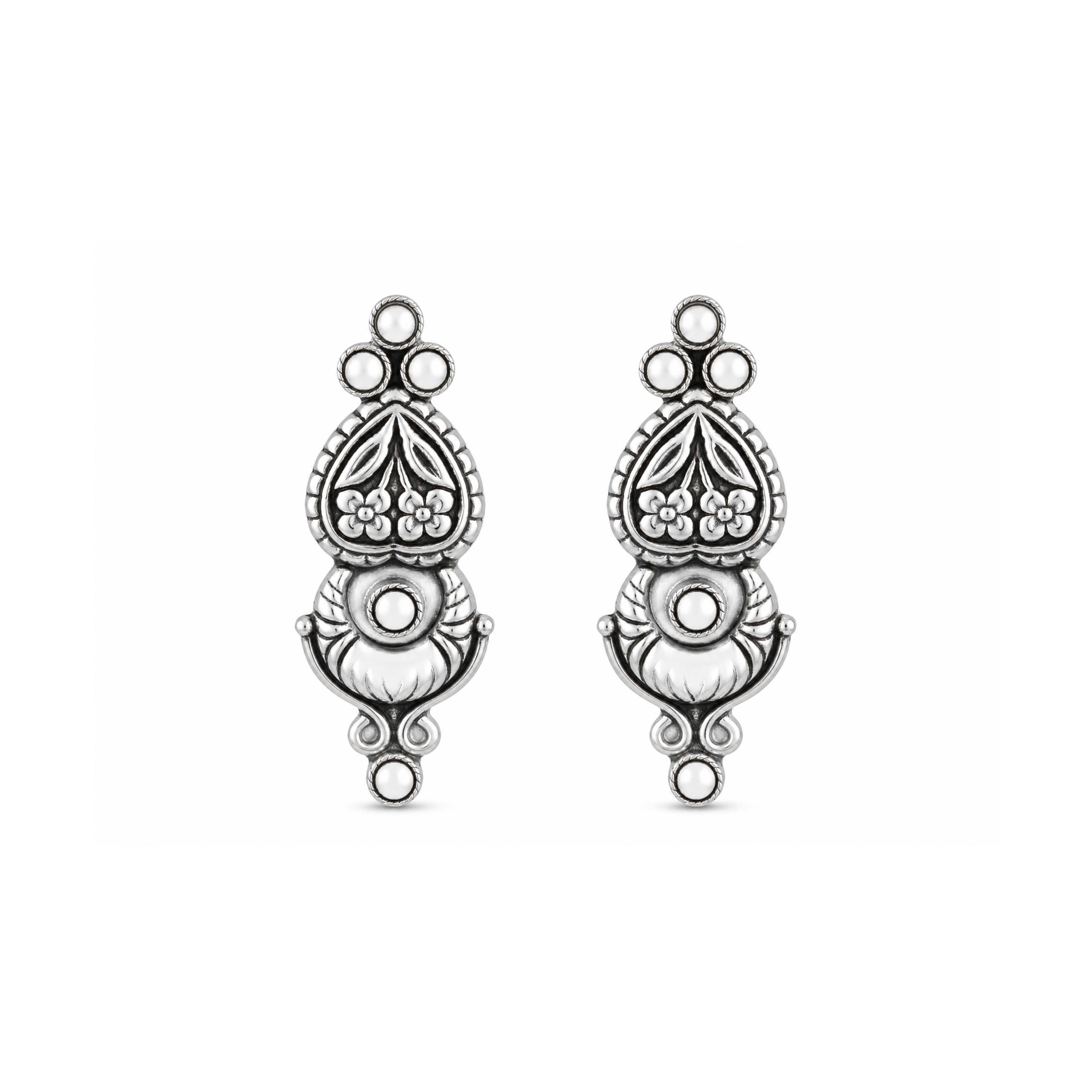 Oxidized Floral Pearl 925 Sterling Silver Earrings