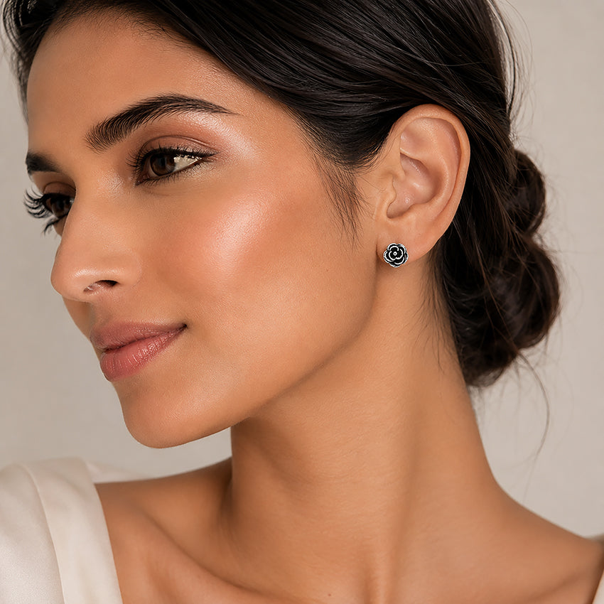Oxidized Silver Rose Floral Stud Earrings