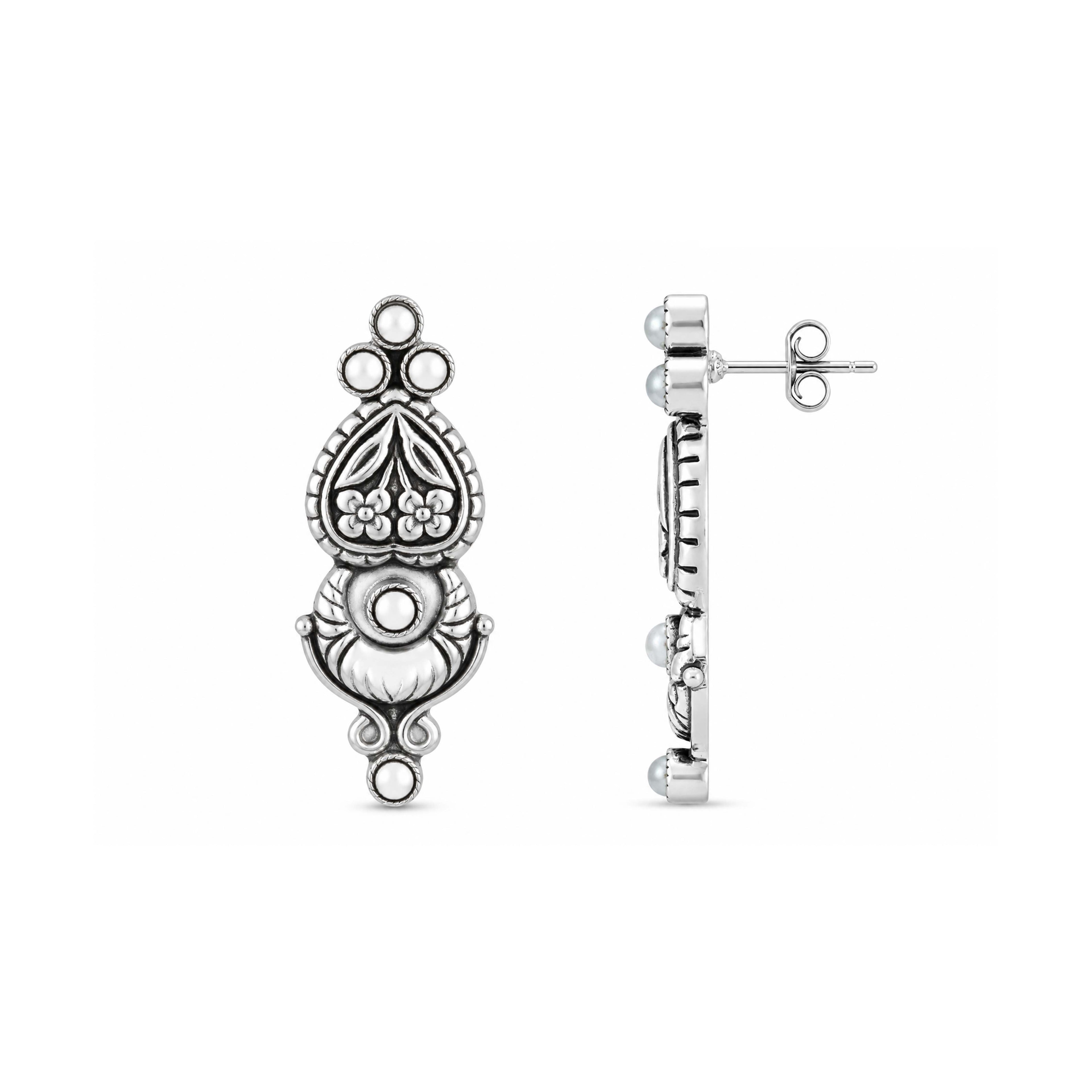 Oxidized Floral Pearl 925 Sterling Silver Earrings