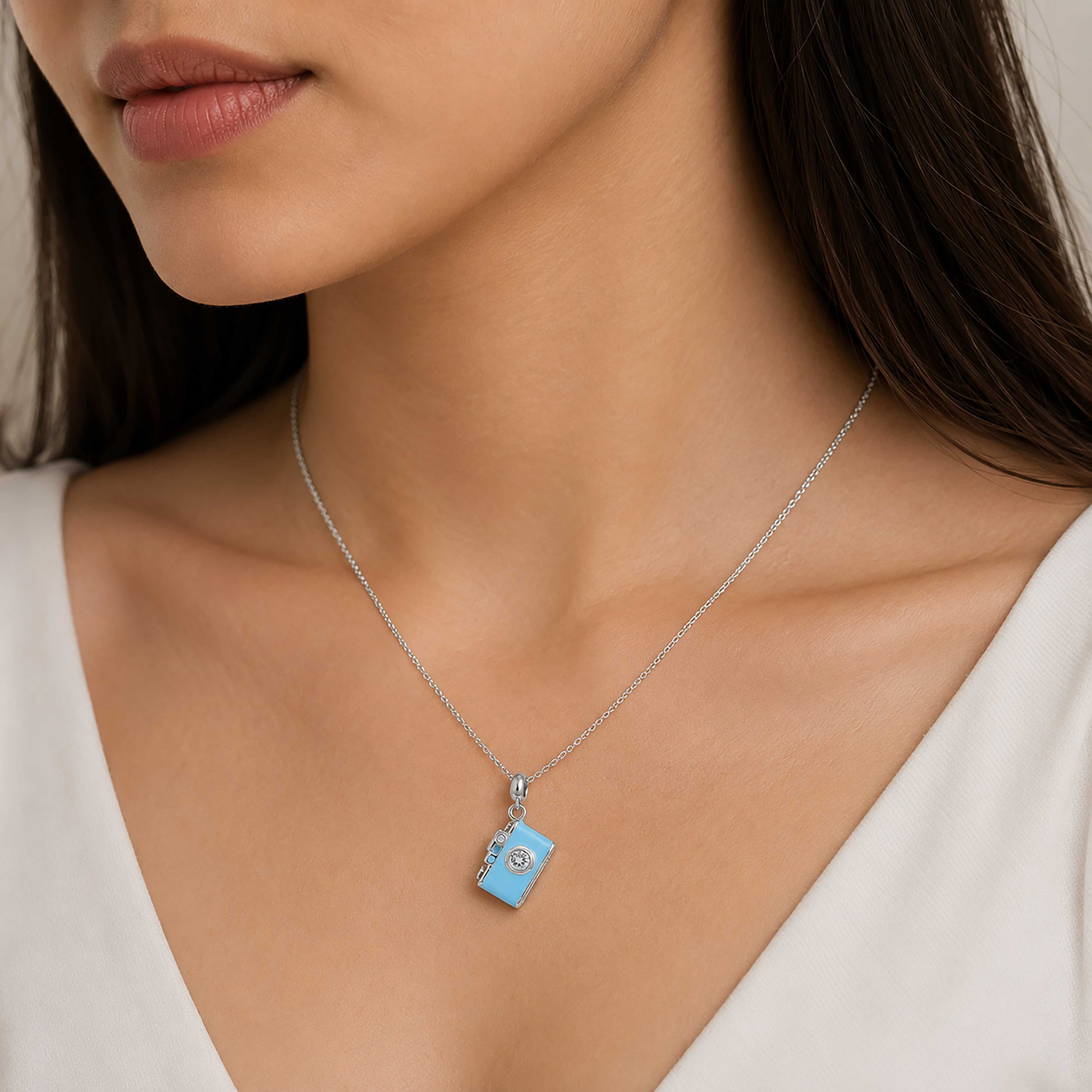 Pastel Blue Vintage Camera 925 Sterling Silver Pendant