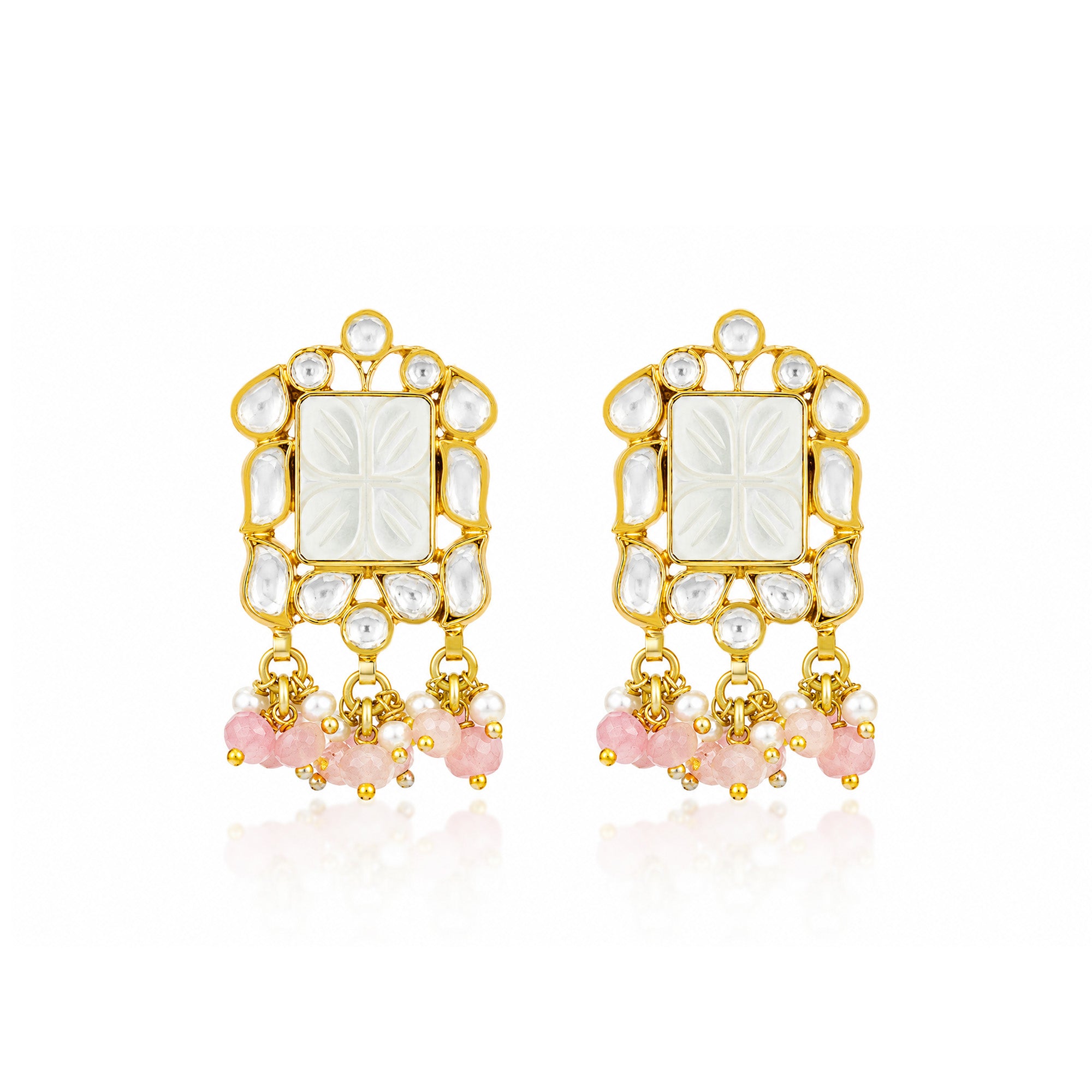 Pastel Polki 925 Sterling Silver Floral Pearl Drop Earrings