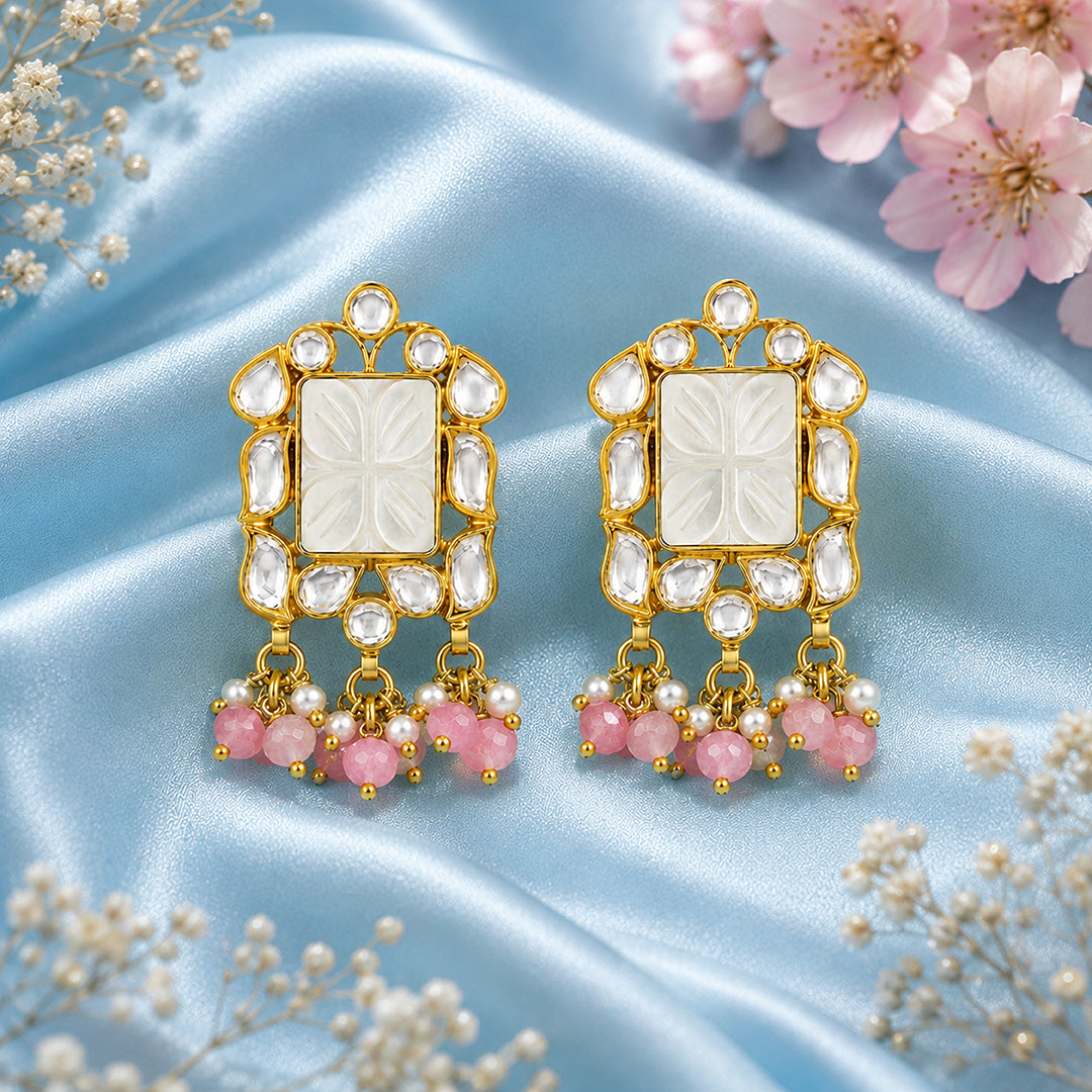 Pastel Polki 925 Sterling Silver Floral Pearl Drop Earrings