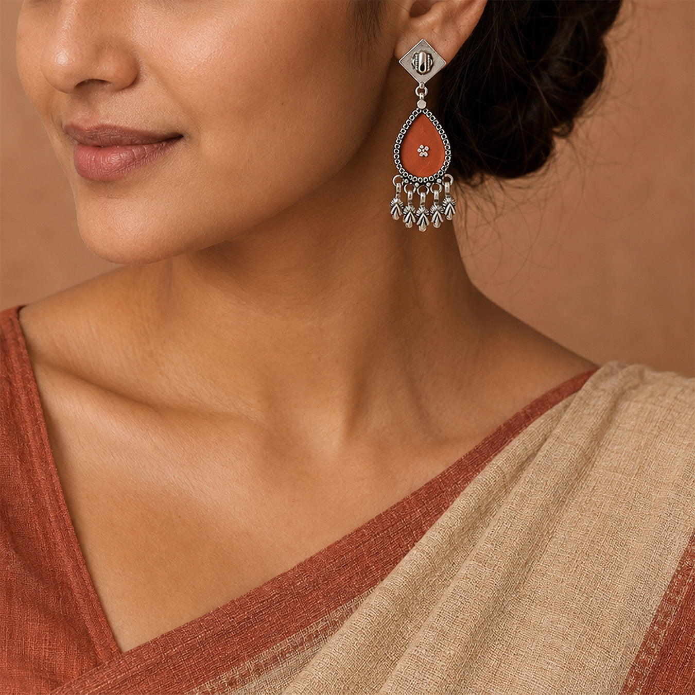 Peach Teardrop Elegance 925 Sterling Silver Tassel Earrings