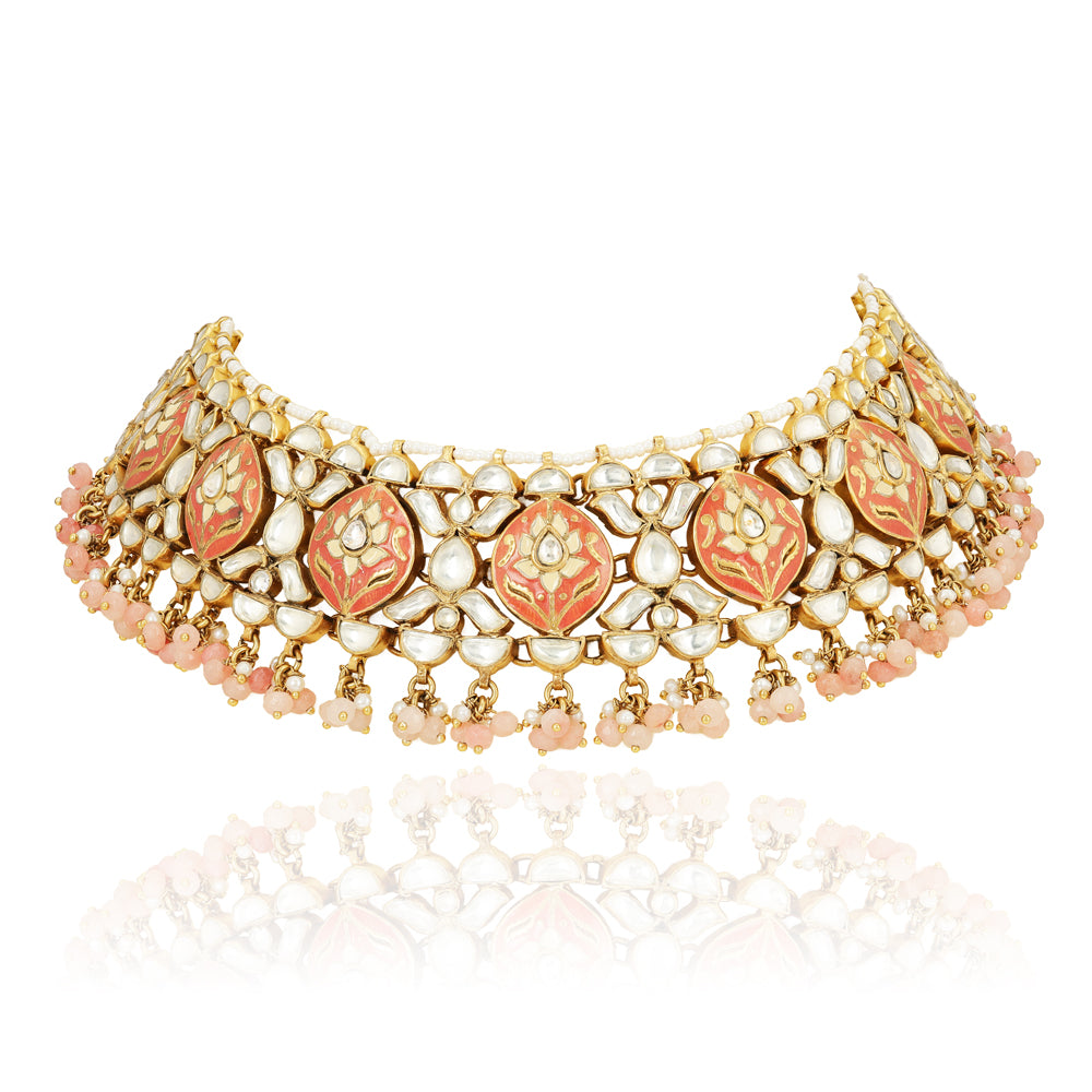 Peach Petal Kundan 925 Sterling Silver Choker Necklace