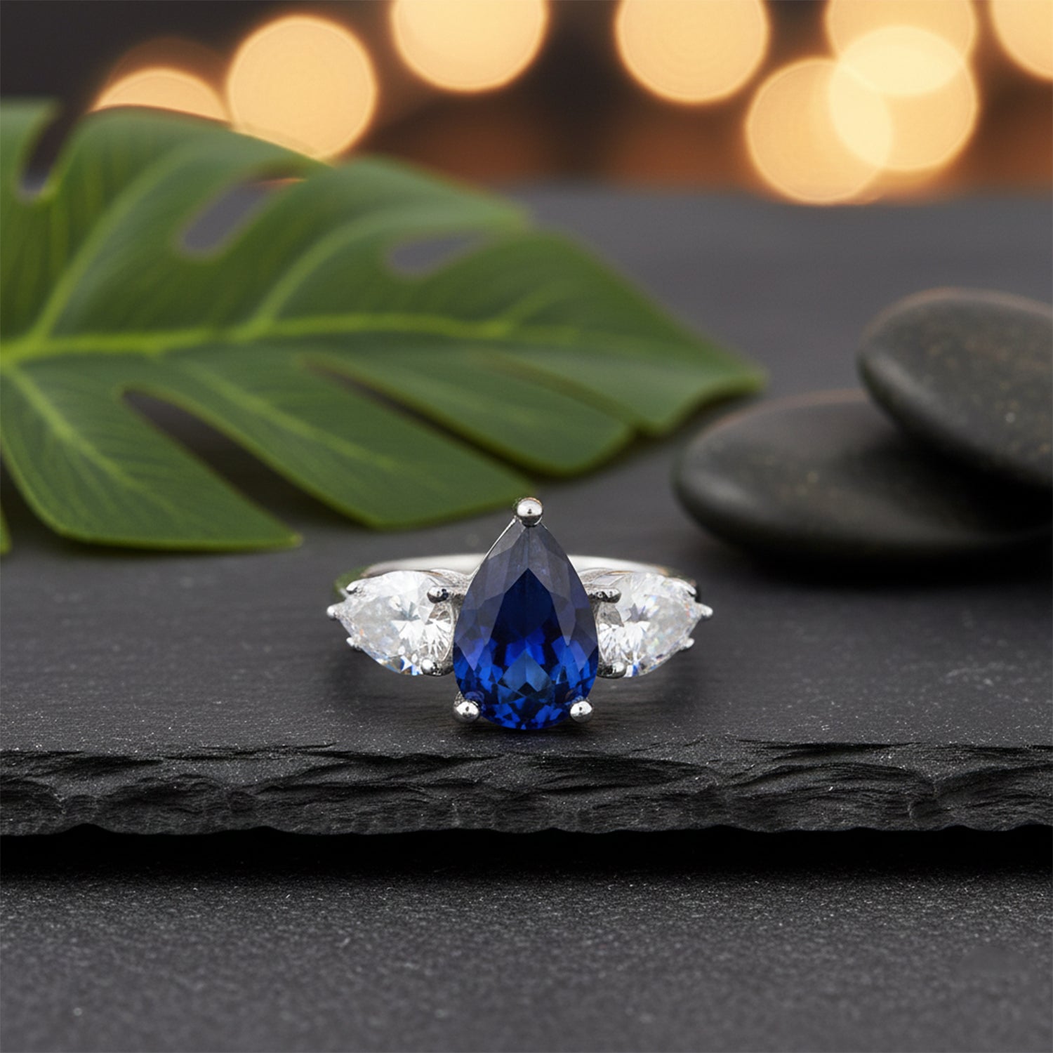 Pear-Cut Blue Stone Statement Silver Ring