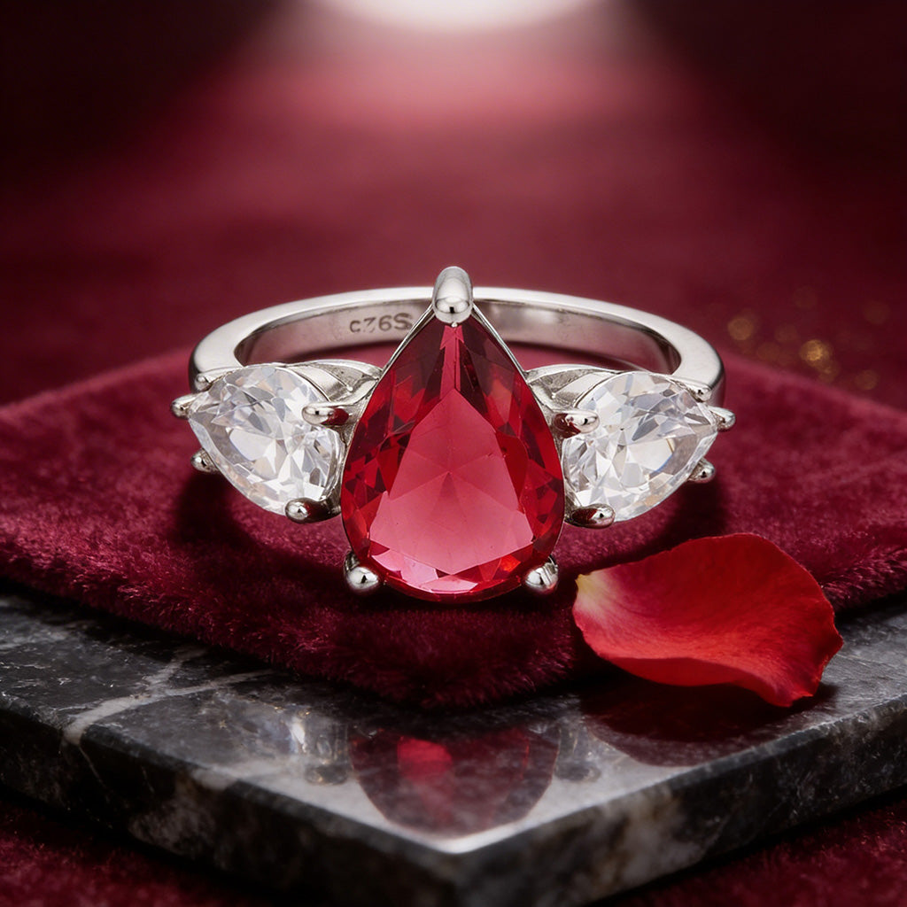 Pear Shaped Red Stone 925 Sterling Silver Ring for Women