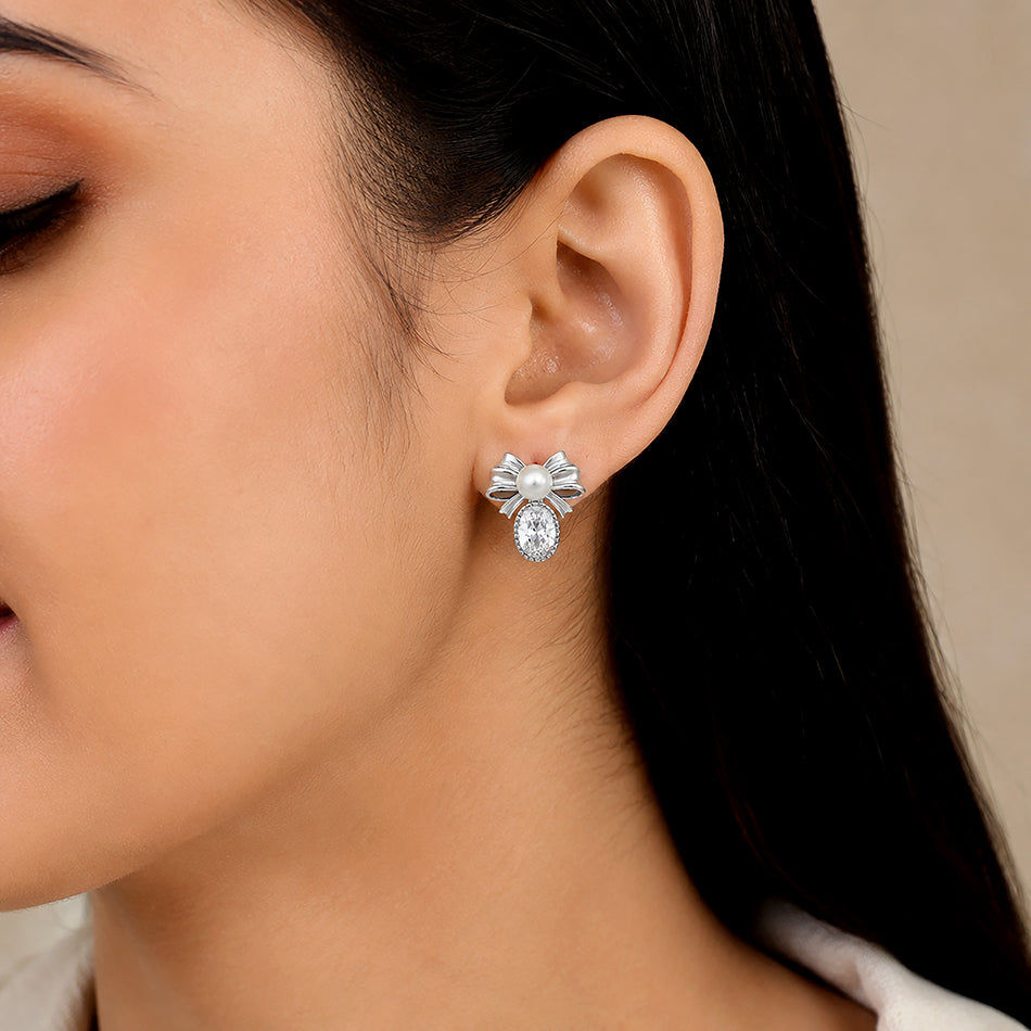 Pearl Bow Oval Crystal Drop Silver Earrings
