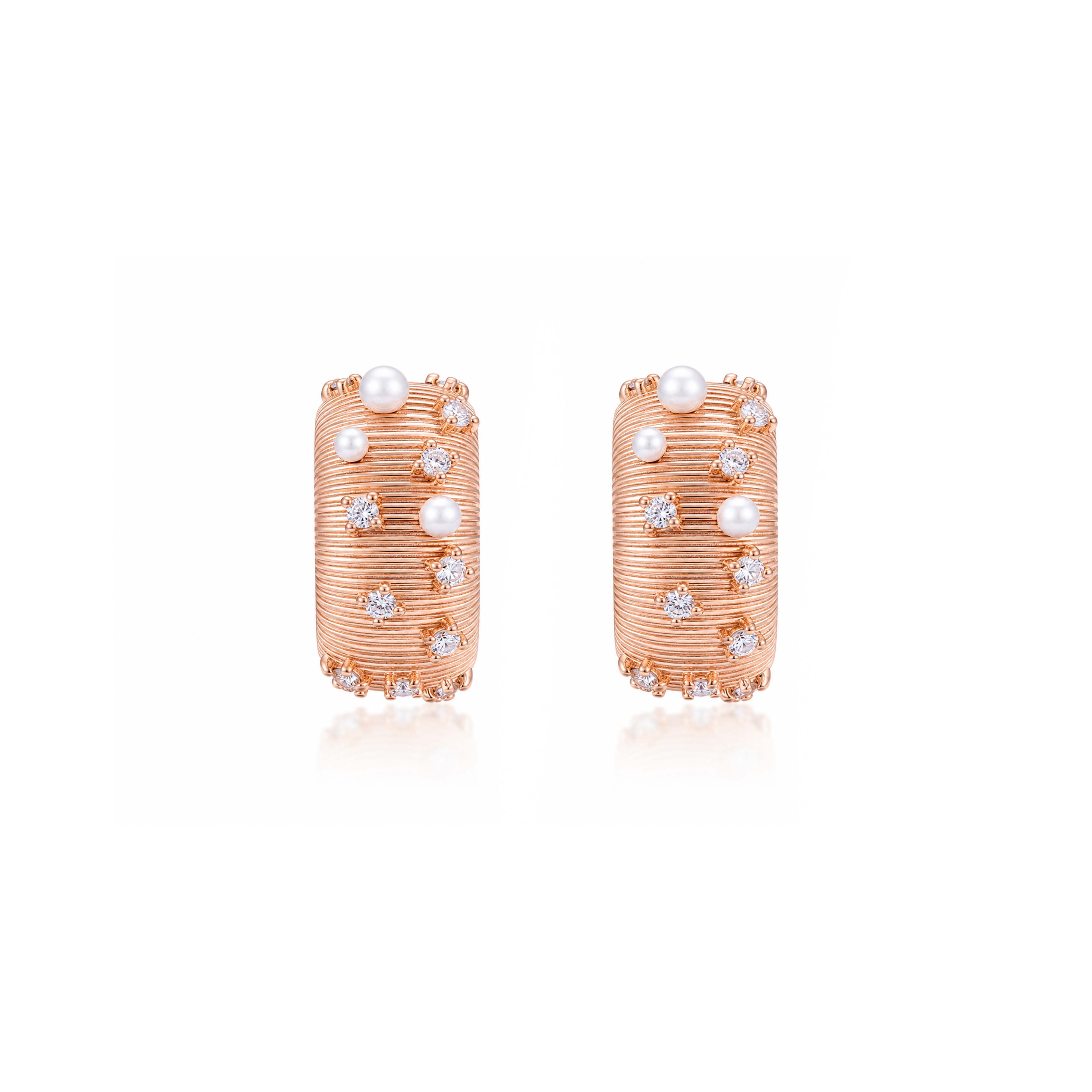 Pearl CZ Textured Wide Rose Gold Hoop Silver Stud Earrings