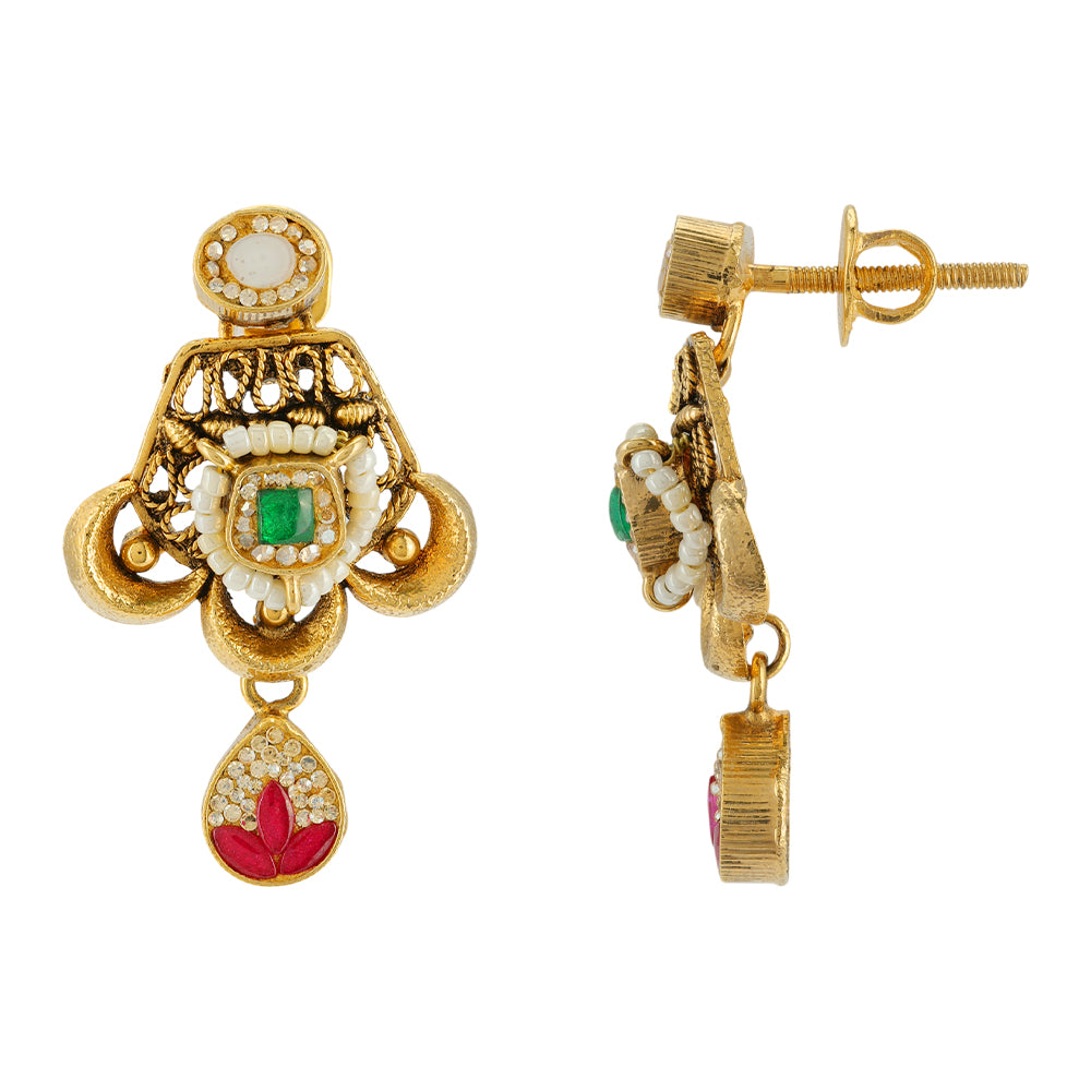 Pearl Reverie Red Green Stone Flourish 925 Gold Plated Earrings