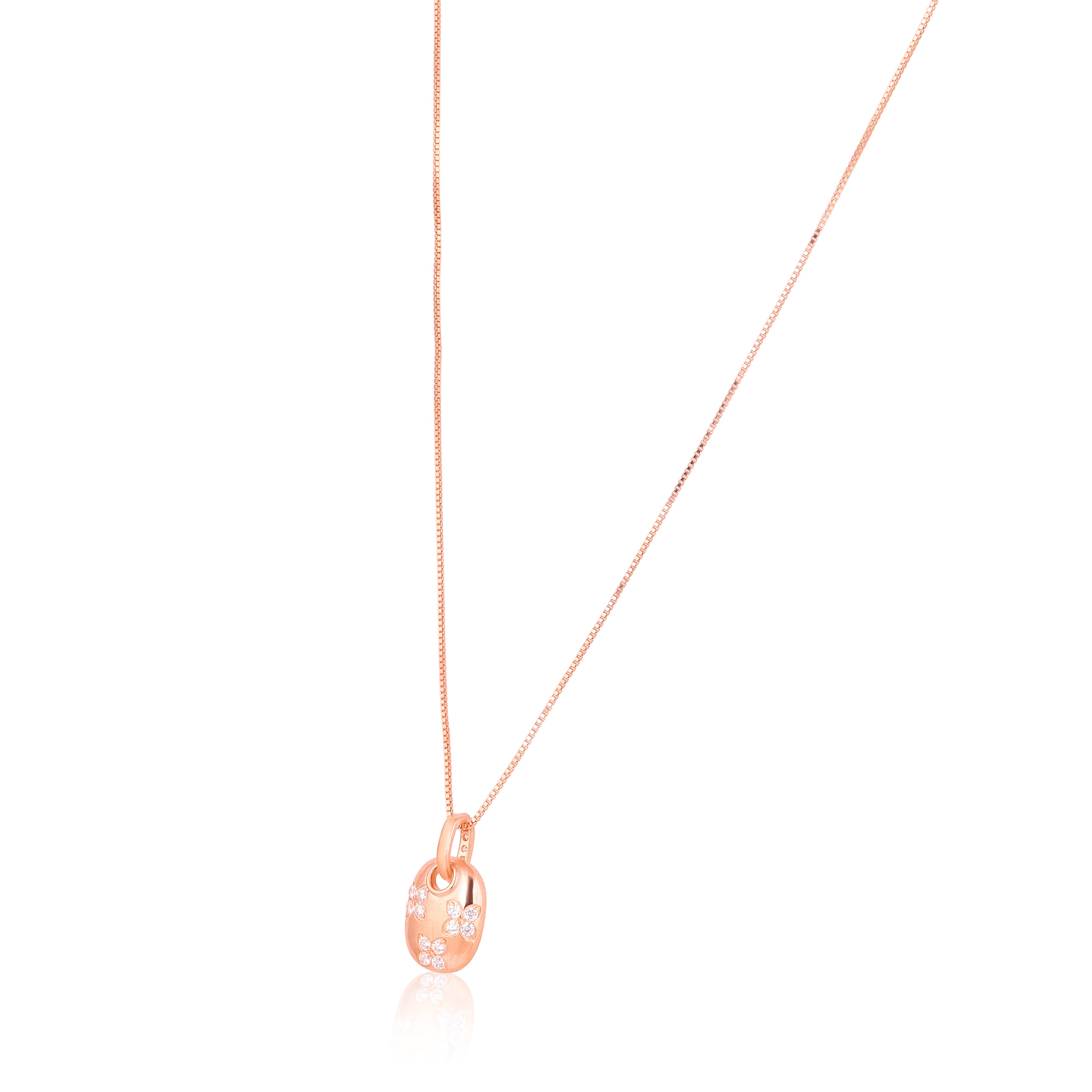 Rose gold necklace with a small pendant on a white background